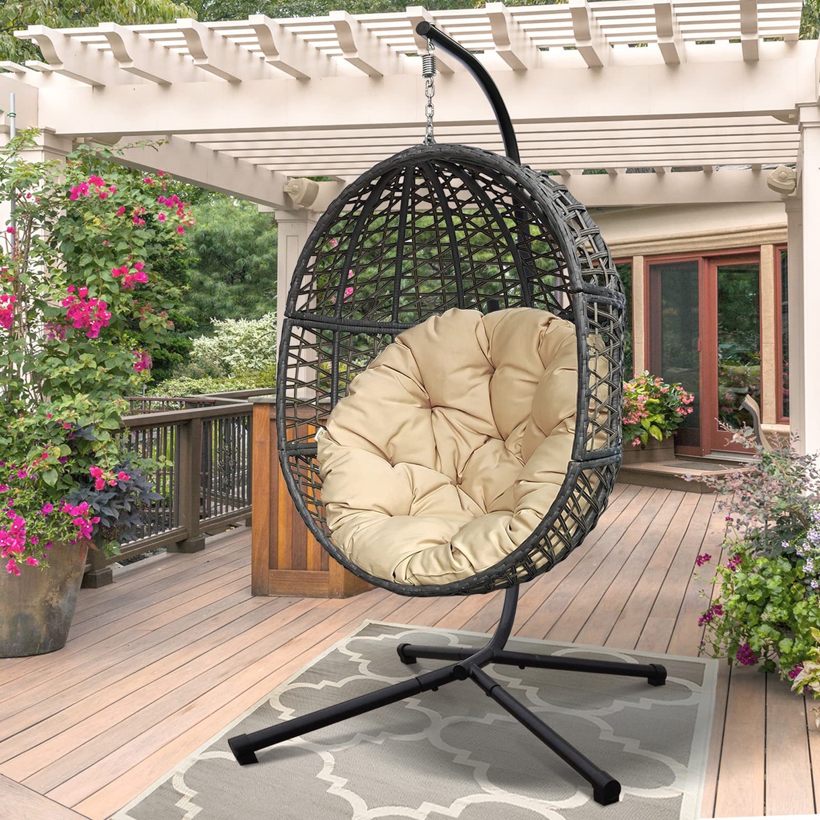 Outdoor Hanging Swing Egg Chair With Stand, Wicker Porch Swing For Outdoor Patio Balcony Garden, All-Weather Egg-Hammock Swing C