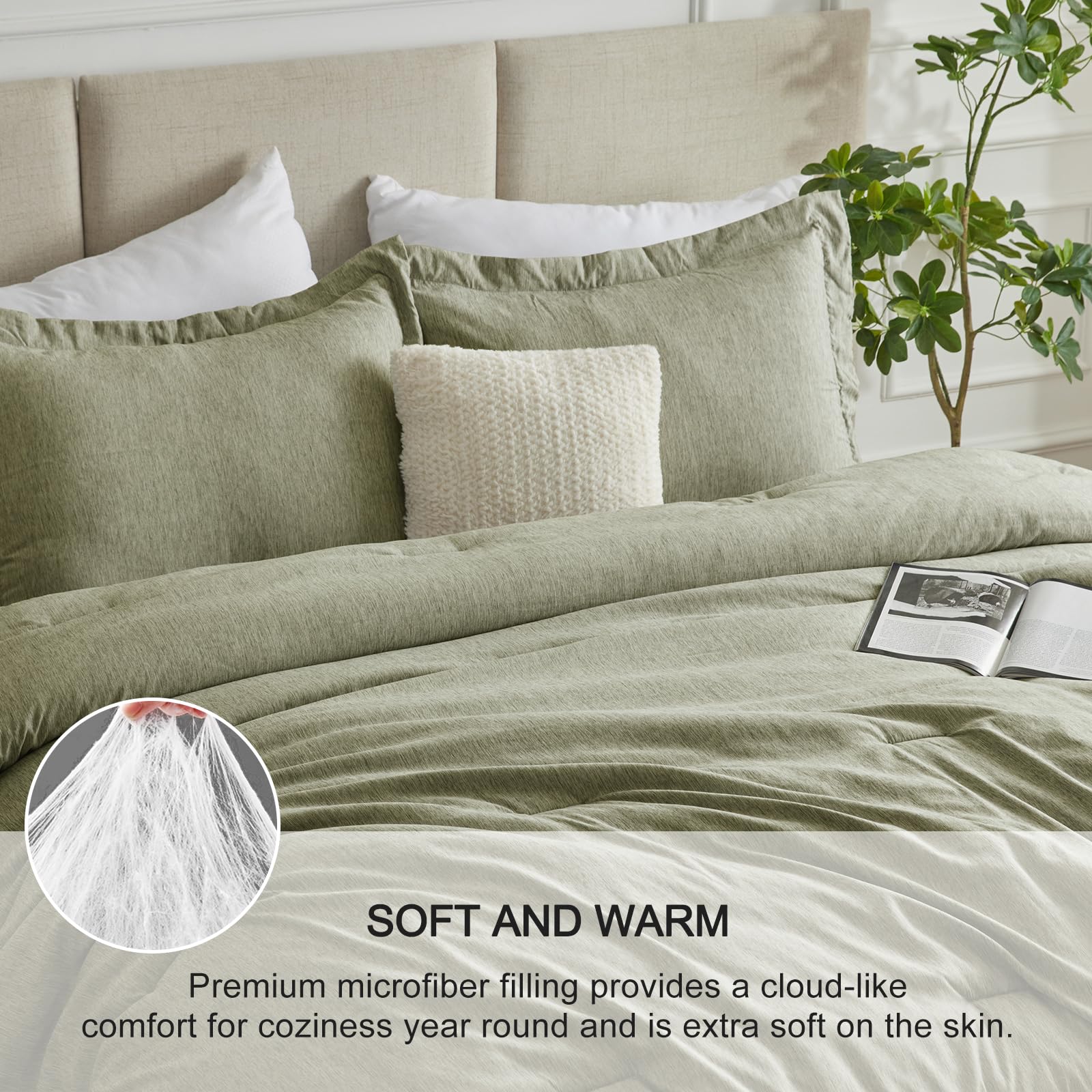 Cozylux King Size Comforter Set - 3 Pieces Olive Green Soft Luxury Cationic Dyeing Bedding Comforter For All Season, Breathable Lightweight Fluffy Boho Bed Sets With 1 Comforter And 2 Pillow Shams