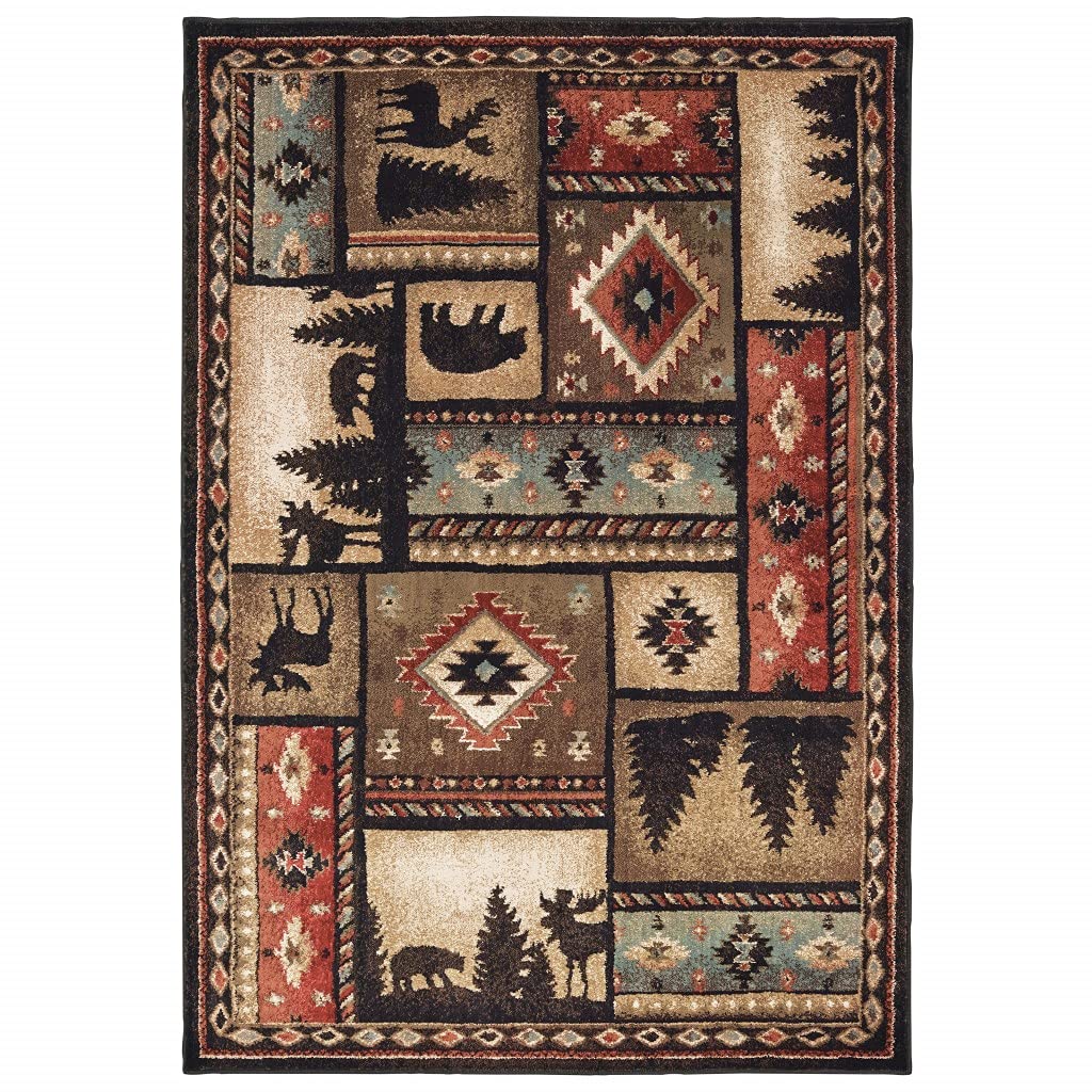 HomeRoots Polypropylene 4’x6’ Black and Brown Nature Lodge Area Rug