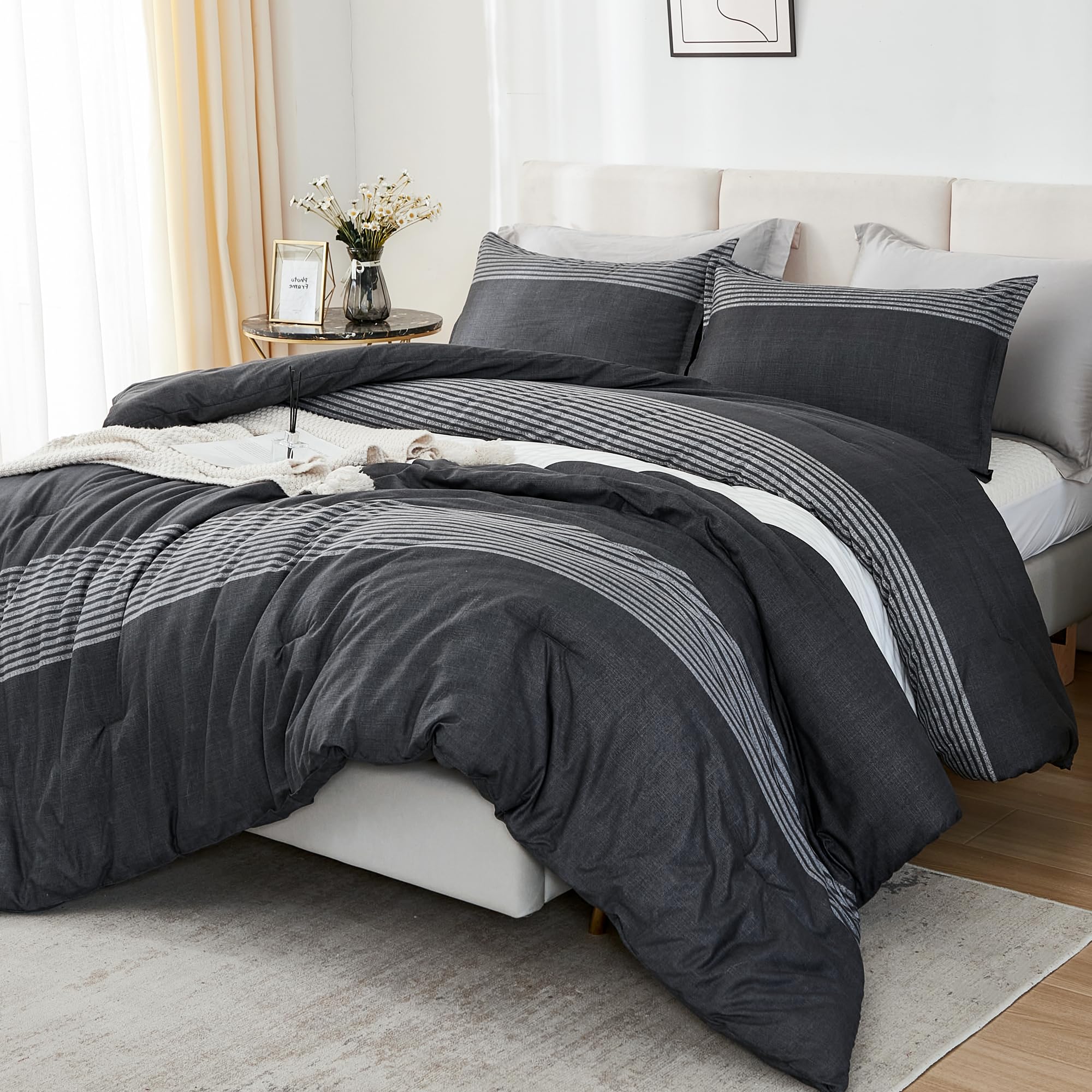 Litanika Oversized King Comforter Set Black White Grey 120X98-3 Pieces Lightweight Colorblock Stripe Fluffy Bedding Comforter Se