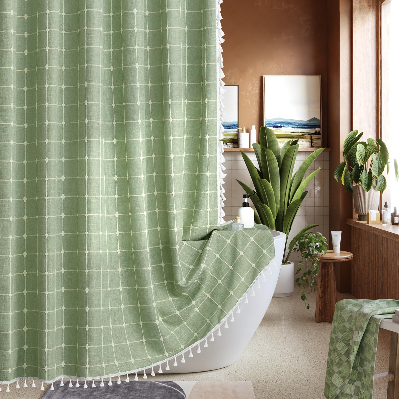 Yuanice Boho Farmhouse Shower Curtain, Linen Rustic Heavy Duty Fabric Shower Curtain Set With Tassel, Bohemian Chic Waterproof V