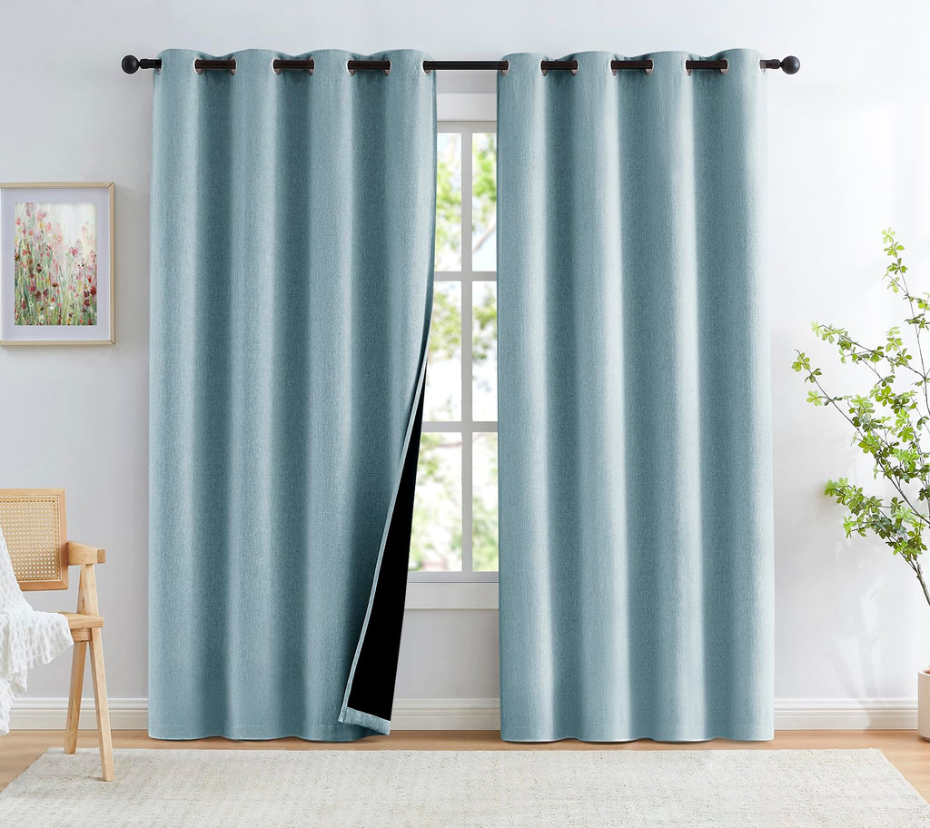 Linen Blue Blackout Curtains For Bedroom, 52 Inches Wide, 84 Inches Length Energy Saving Burlap Texture Window Curtains For Livi