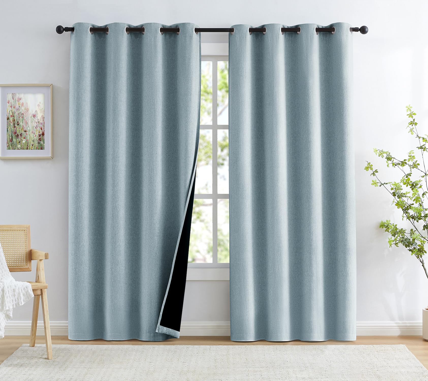 Linen Blue Blackout Curtains For Bedroom, 52 Inches Wide, 84 Inches Length Energy Saving Burlap Texture Window Curtains For Livi