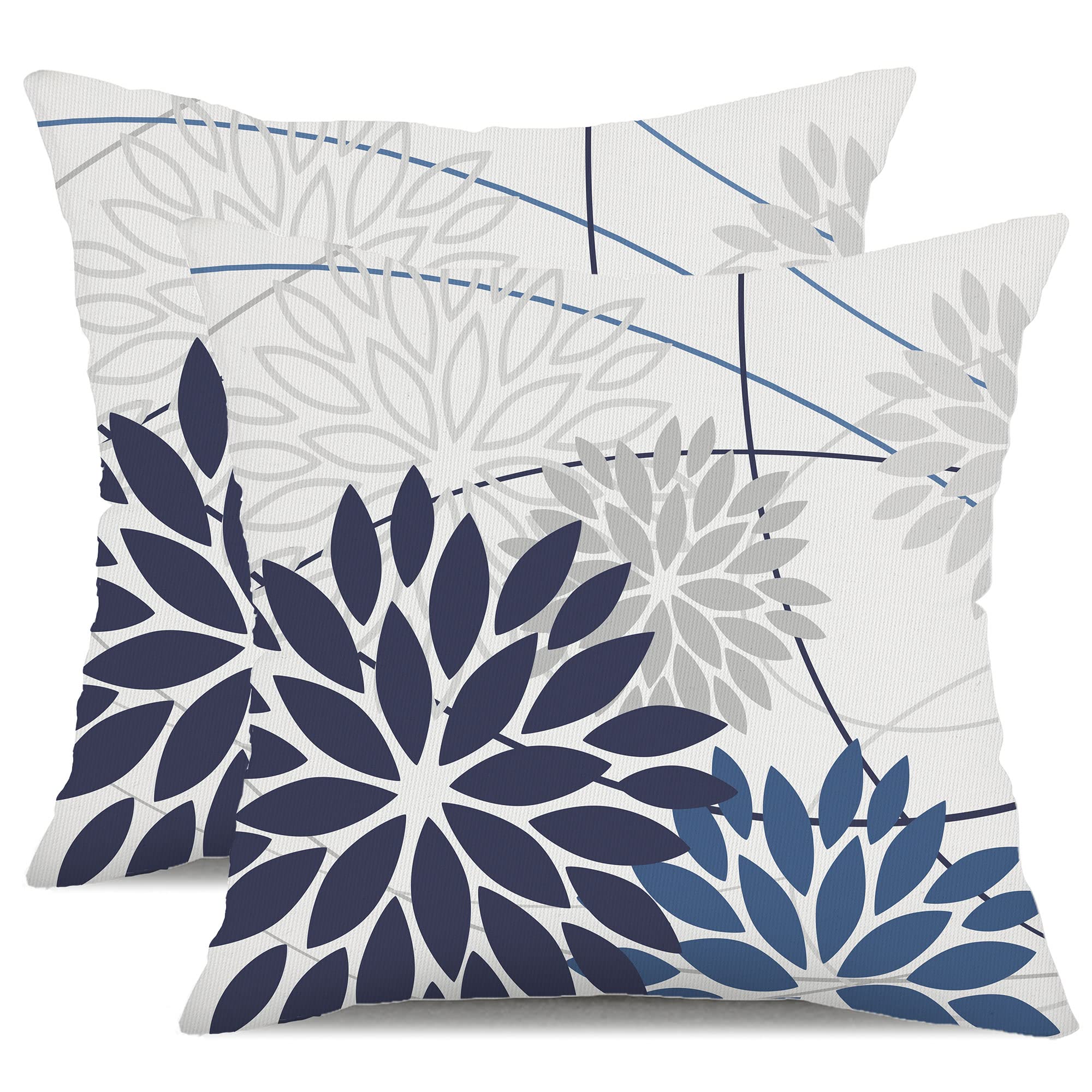 Blue Flower Pillow Covers 18X18 Inch Set Of 2 Dark And Light Blue Colored Pillow Farmhouse Outdoor Waterproof Decor For Patio Fu