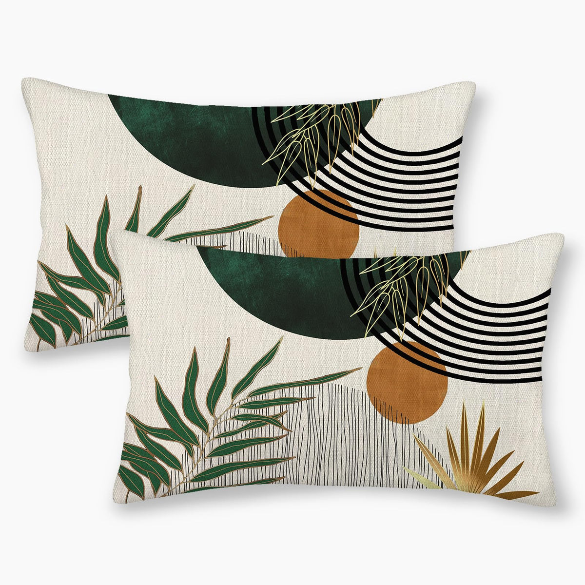 Boho Pillow Covers 12X20 Set Of 2 Green Gold Throw Pillow Covers Outdoor Decorations Mid Century Bohemian Style Tropical Leaves