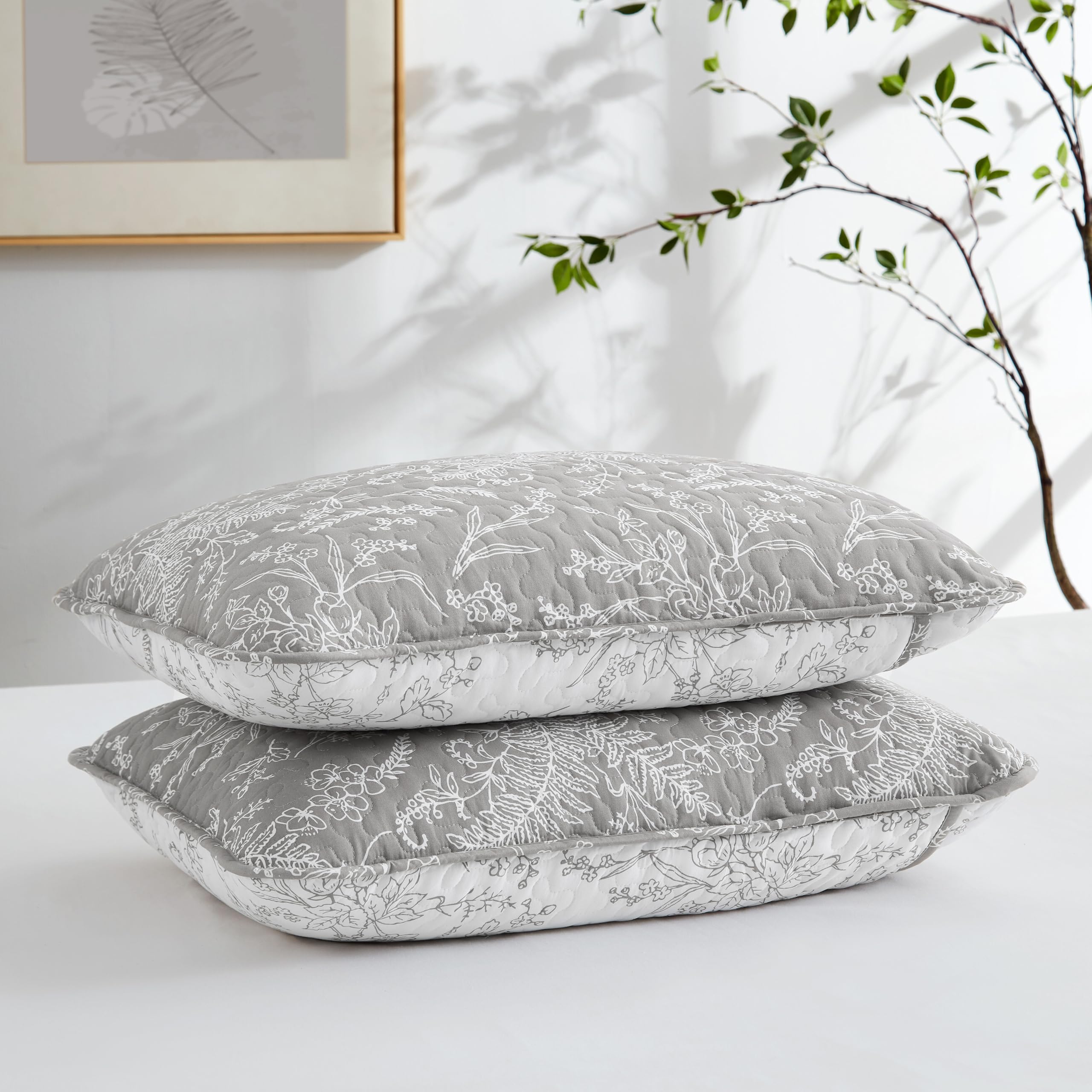 Southshore Fine Living, Inc. Floral Grey Pillow Covers Standard Size 20'X26', Quilted Pillow Shams Queen Size Set Of 2, Fits S