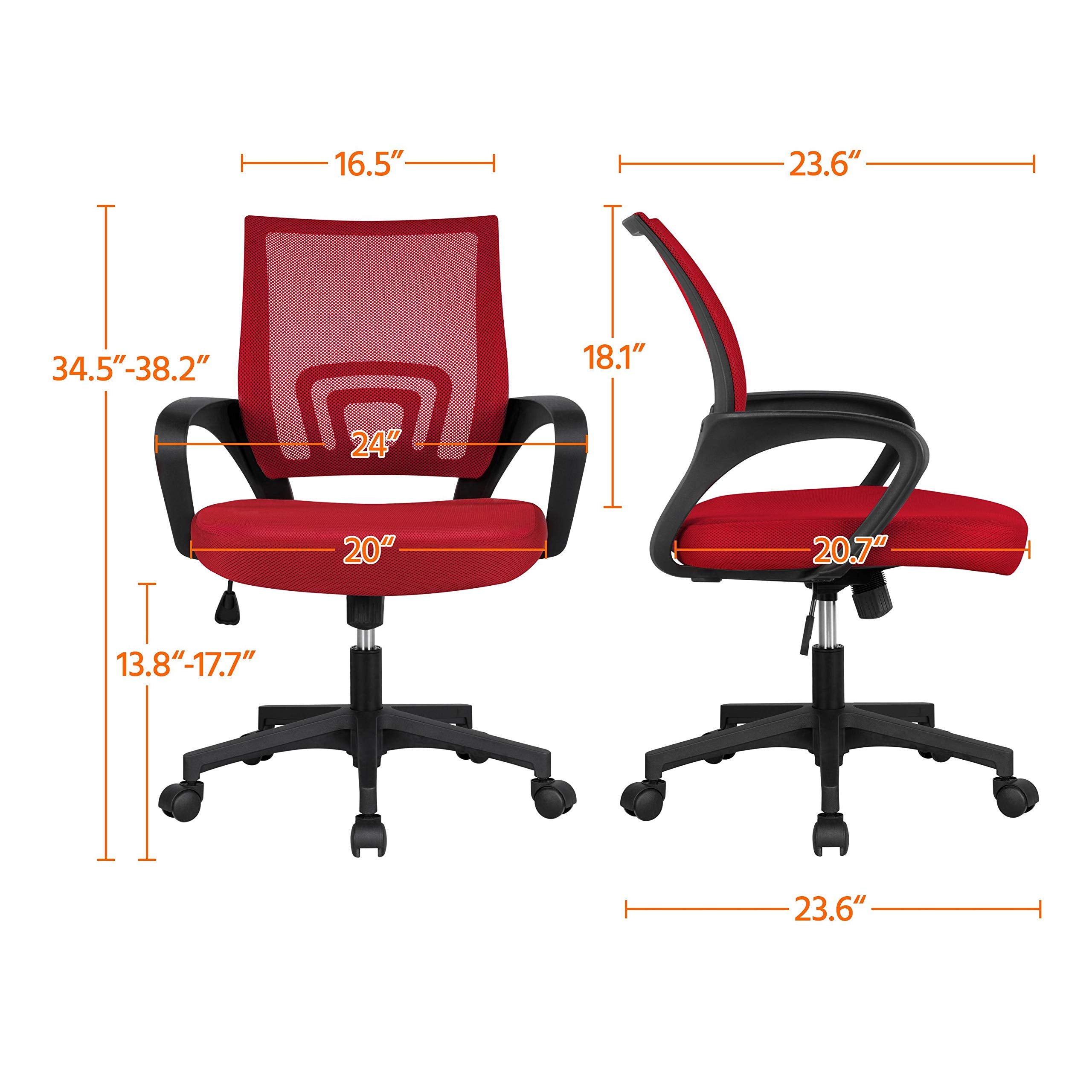 Yaheetech Office Chair Desk Chair Mid Back Mesh Task Chair Computer Chair Ergonomic Rolling Swivel Chair Adjustable Modern Executive Chair With Lumbar Support Armrests, Red