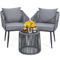 Kromax 3 Pieces Patio Rattan Bistro Conversation Set, Outdoor All-Weather Wicker Furniture Chairs And Side Table Set Ideal For Balcony, Porch And Backyard, Grey