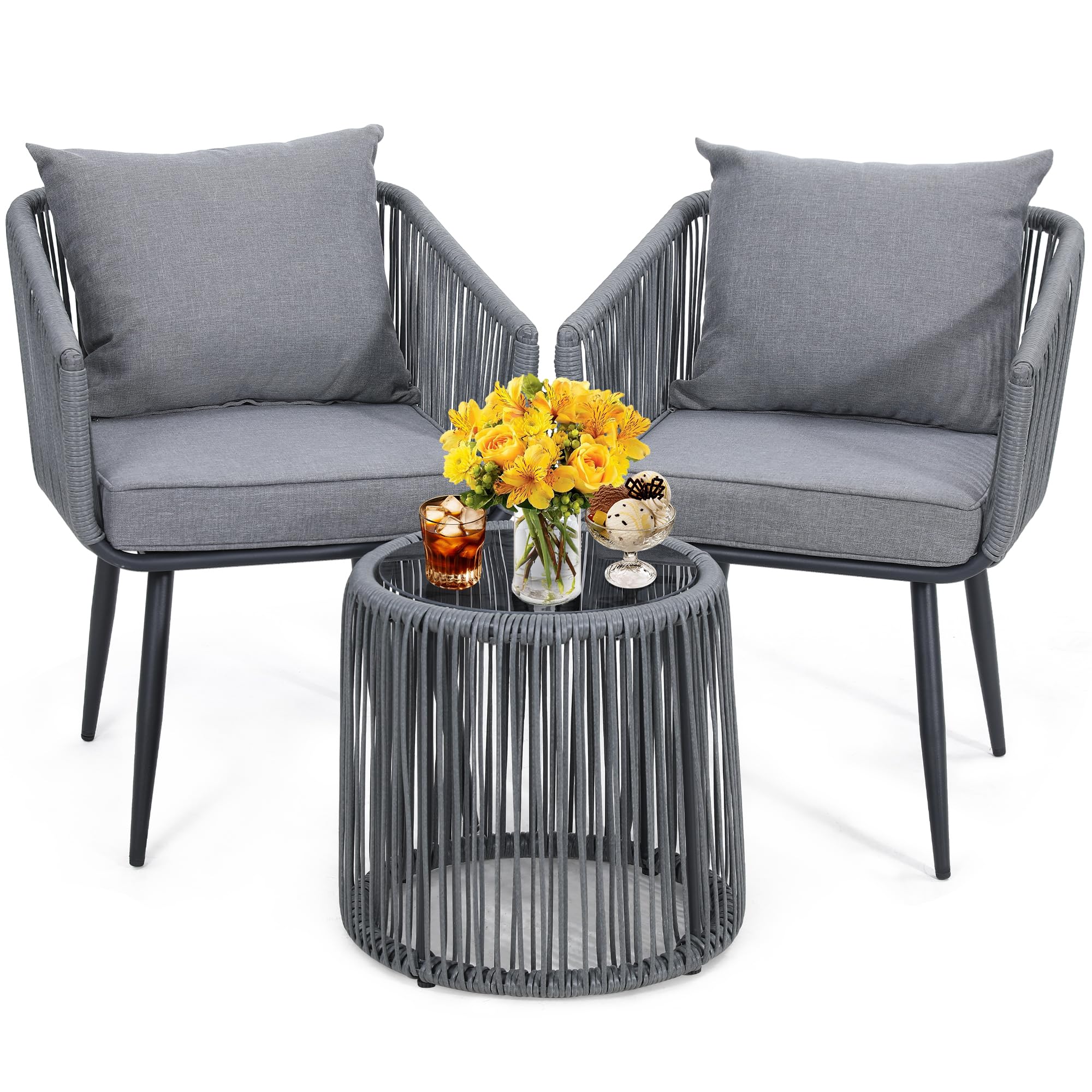 Kromax 3 Pieces Patio Rattan Bistro Conversation Set, Outdoor All-Weather Wicker Furniture Chairs And Side Table Set Ideal For Balcony, Porch And Backyard, Grey