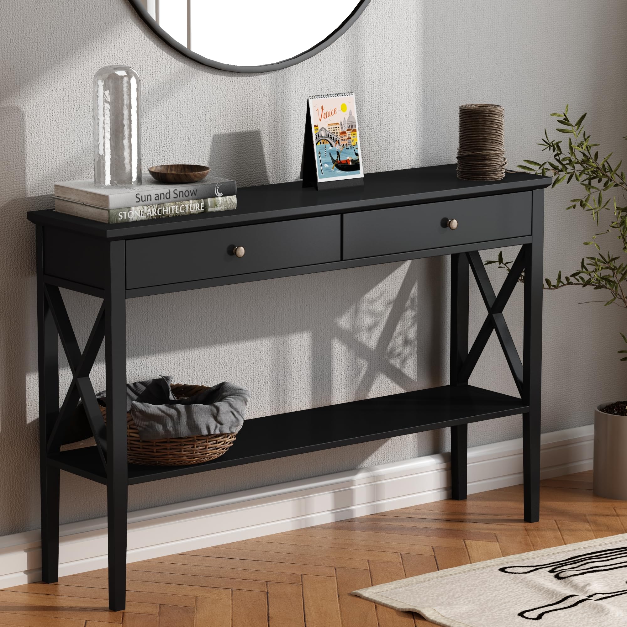 ChooChoo 47'' Console Table with Drawers, Narrow Wood Accent Sofa Table Entryway Table with Storage Shelf for Entryway, Front Ha