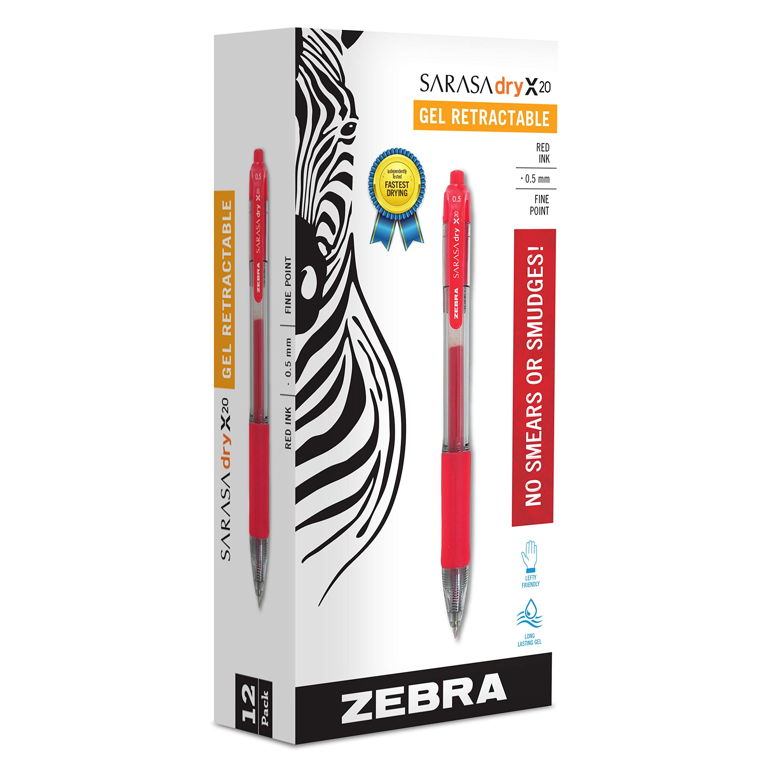 Zebra Pen Sarasa Dry X20 Retractable Gel Pen, Fine Point, 0.5Mm, Red Ink, 12-Pack