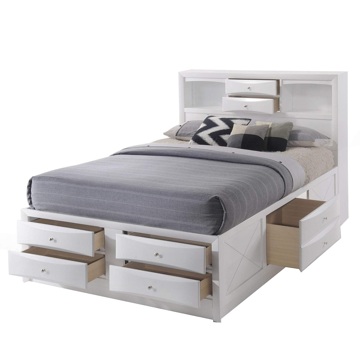 Benjara Full Eight Drawer Size Storage Bed with Bookcase Headboard, White