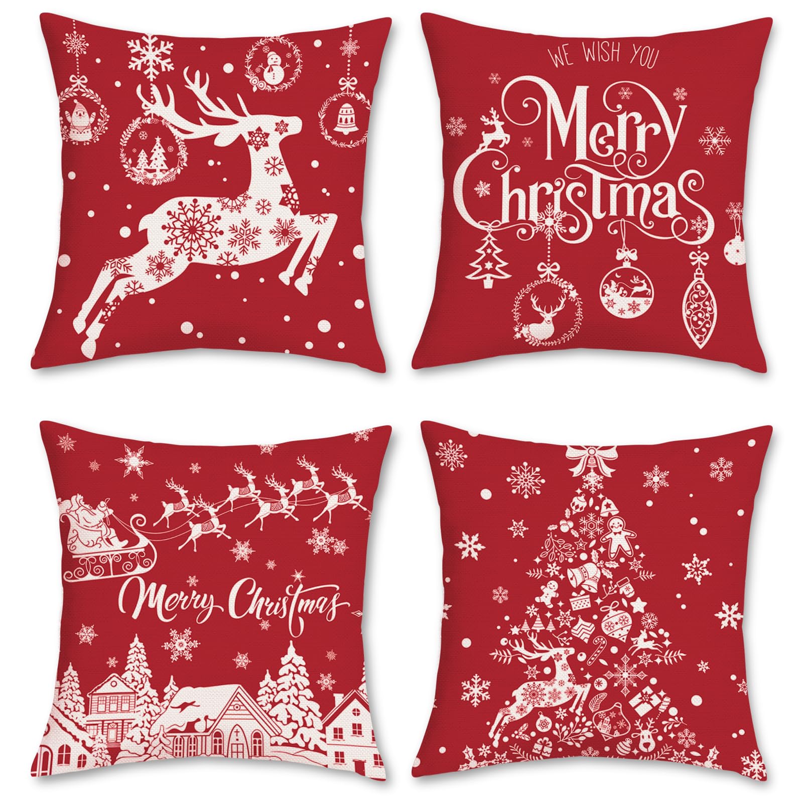 Bonhause Christmas Red Throw Pillow Covers 18 X 18 Inch Reindeer Christmas Tree Snowflake Decorative Pillows For Sofa Couch Wint
