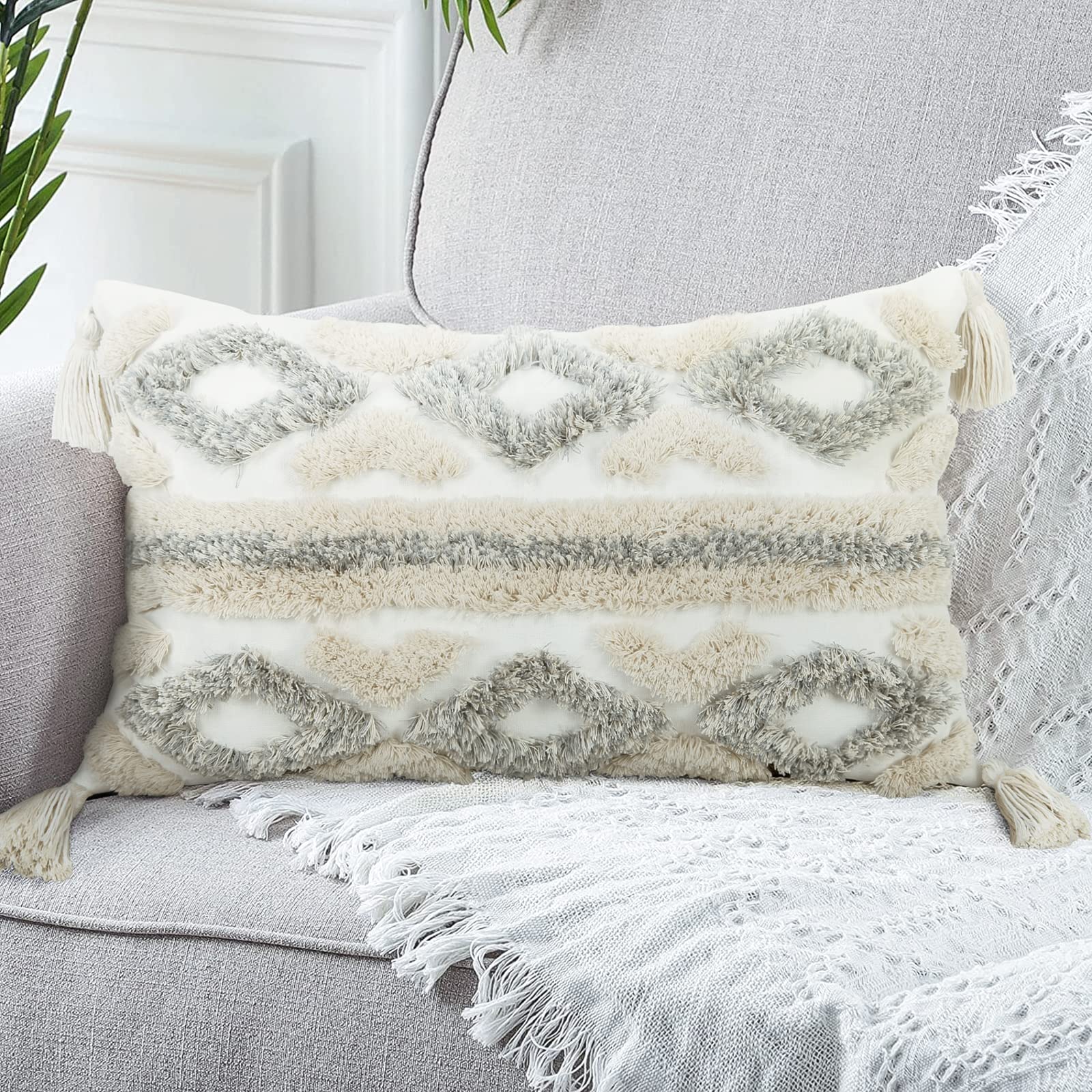 Merrycolor White Grey Boho Throw Pillow Covers 12X20 With Tassels Tufted Decorativethrow Pillows Neutral Accent Pillowcase Farmh