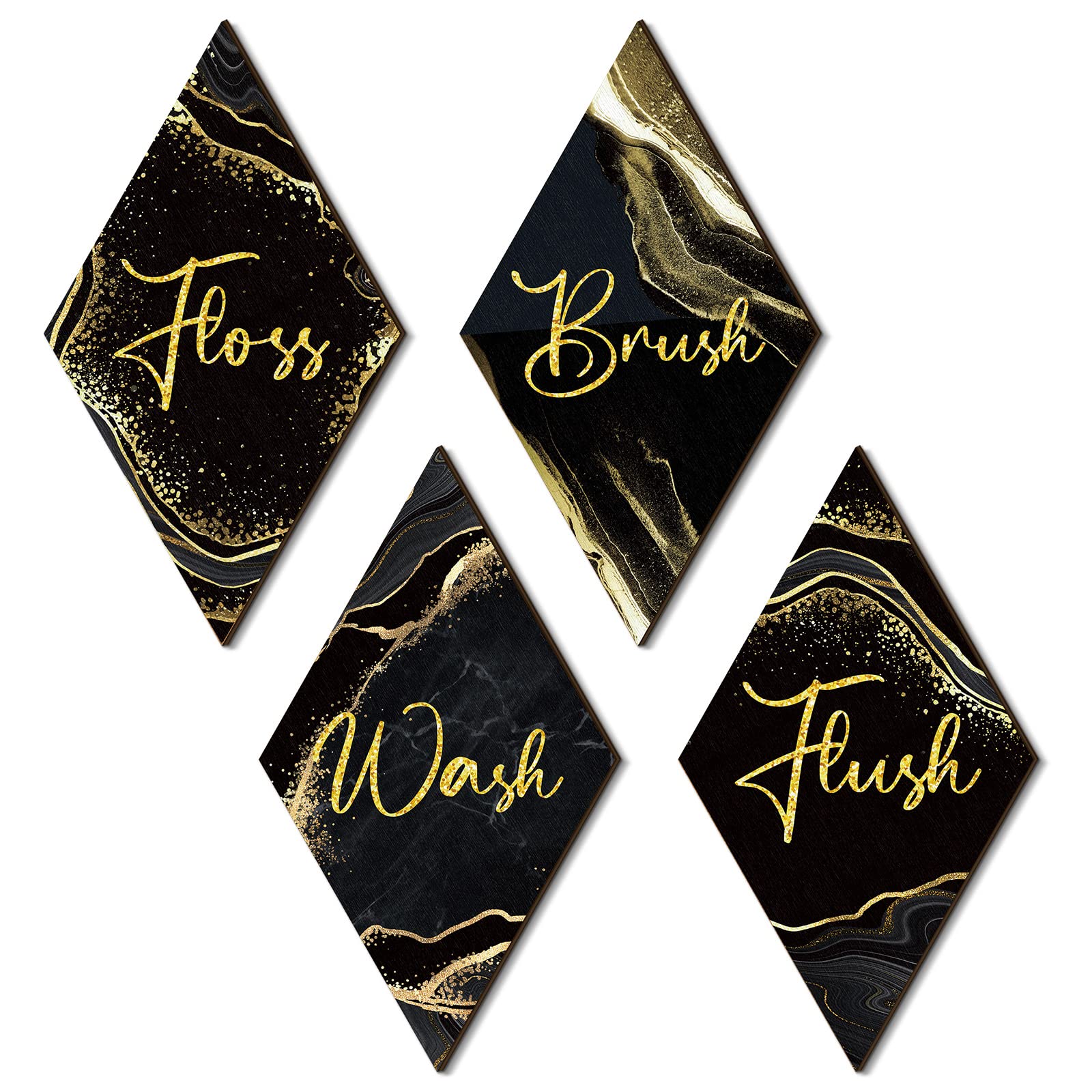 Weysat 4 Pcs Black and Gold Wooden Bathroom Wall Decor Wash Brush Floss Flush Wooden Rustic Marble Style Bathroom Accessories fo