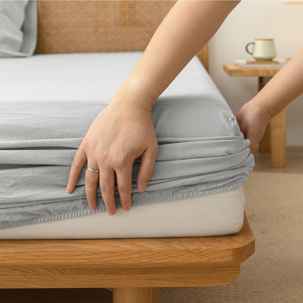 Bestouch Sheet Set 100% Washed Cotton Linen Feel Super Soft Comfortable Chic Lightweight 4 Pcs Home Bedding Set Solid Northern D