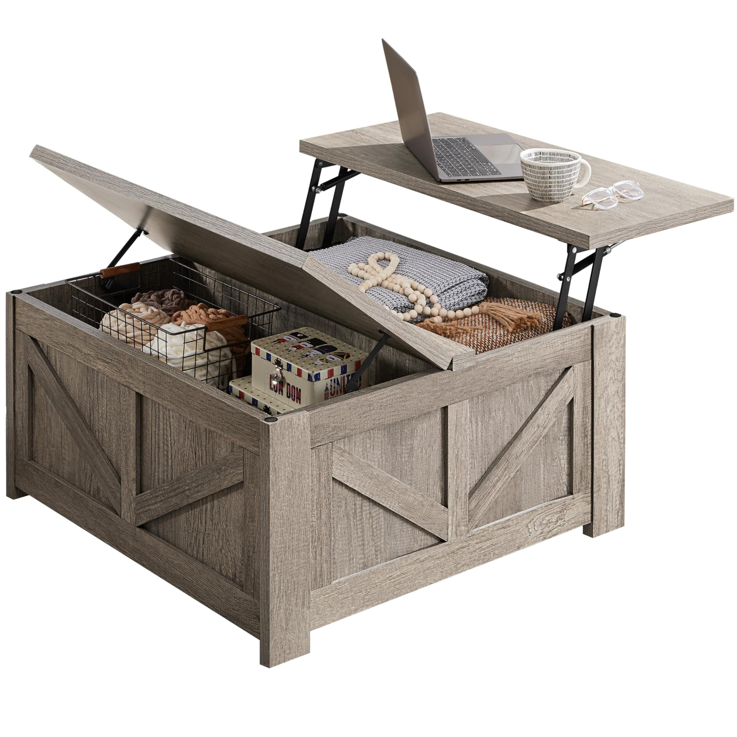 Yaheetech Lift Top Coffee Table, Square Farmhouse Coffee Table with Hidden Storage Compartment, Wood Center Table for Living Roo