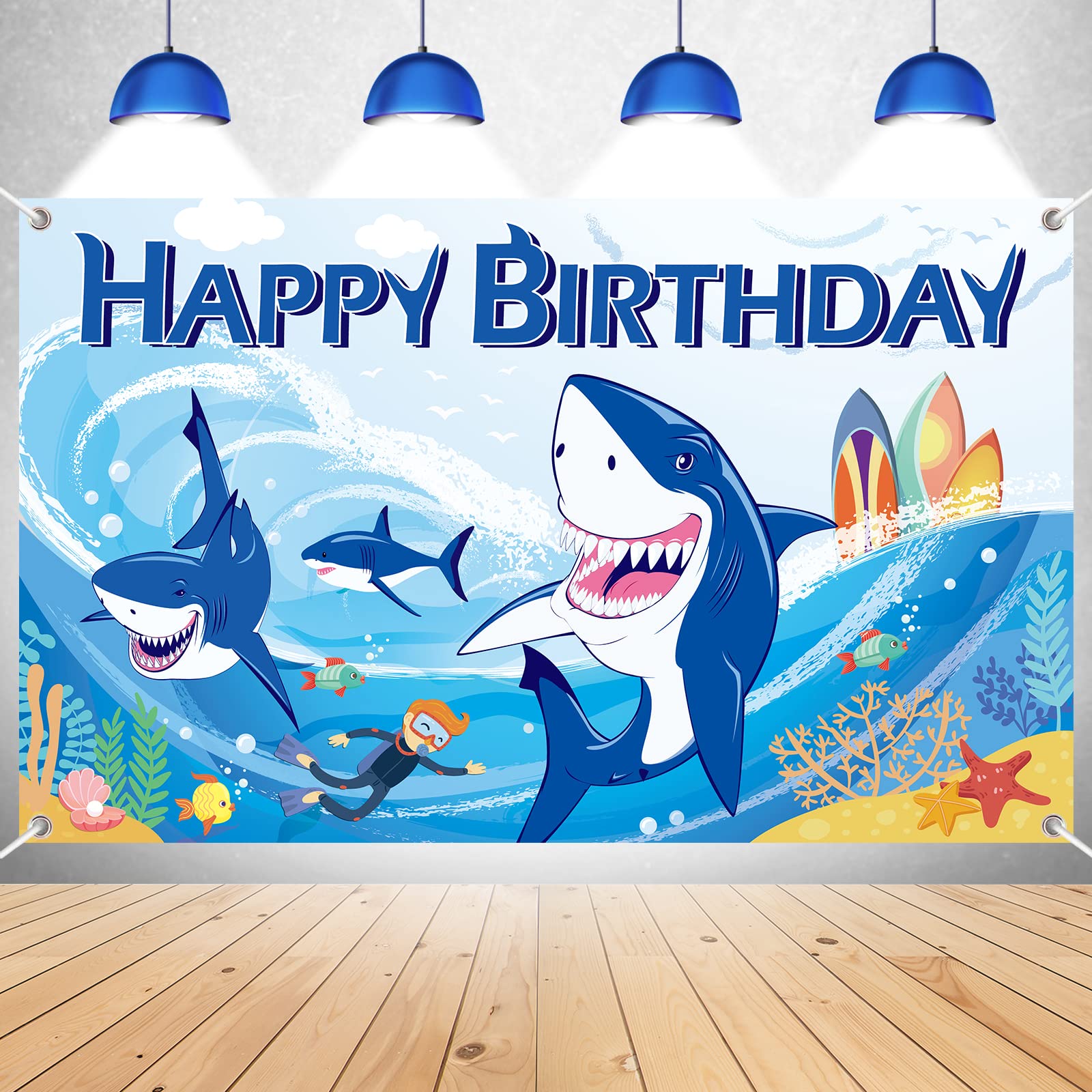 Shark Backdrop for Photo Booth, Shark Happy Birthday Banner, Shark Themed Under The Sea Background Birthday Sign Party Decoratio