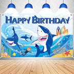 Shark Backdrop for Photo Booth, Shark Happy Birthday Banner, Shark Themed Under The Sea Background Birthday Sign Party Decoratio