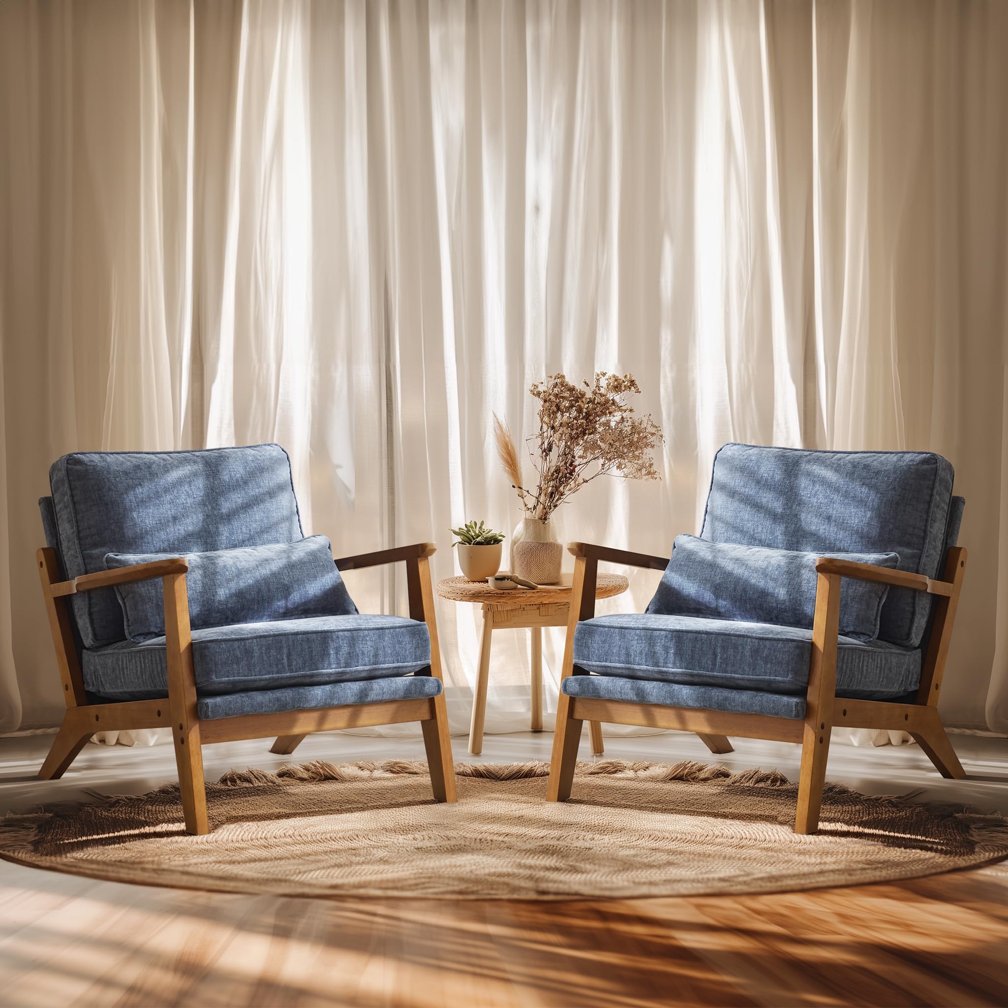 Vingli Solid Wood Wide Armrests Accent Chair Set Of 2,Upholstered Mid Century Modern Chair With Pillow,Comfy Reading Chair Farmh