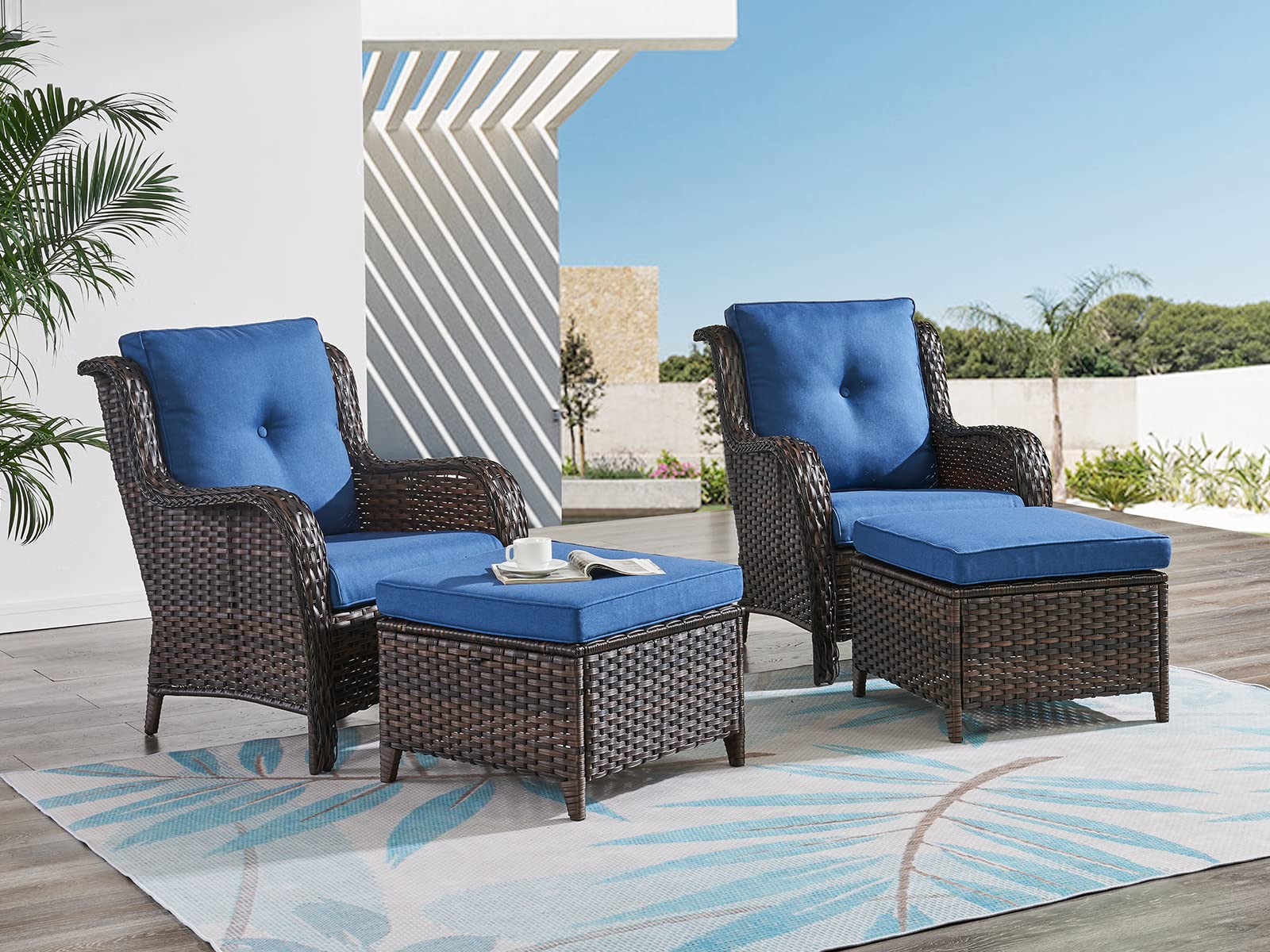 HUMMUH 4 Pieces Patio Bistro Set Wicker Patio Chairs Set of 2 with Ottomans Rattan Outdoor Furniture Conversation Set for Yard,G