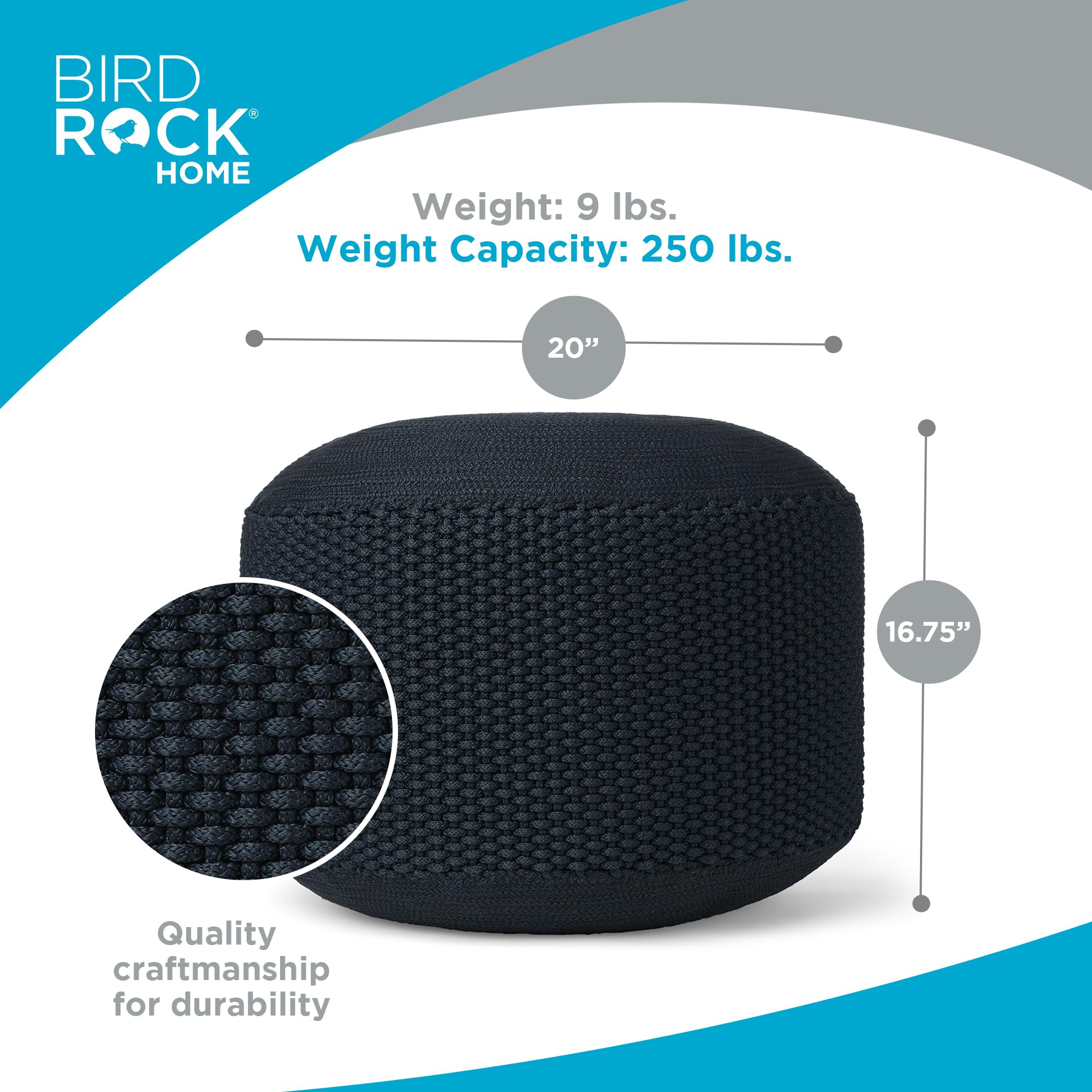 Birdrock Home Outdoor Pouf Ottoman | Hand Woven Waterproof Foot Stool With Bead Bag Filling | Boho Foot Rest For Patio, Living Room, Porch & Outdoor Seating | Lightweight, Soft Stuffed Chair | Navy