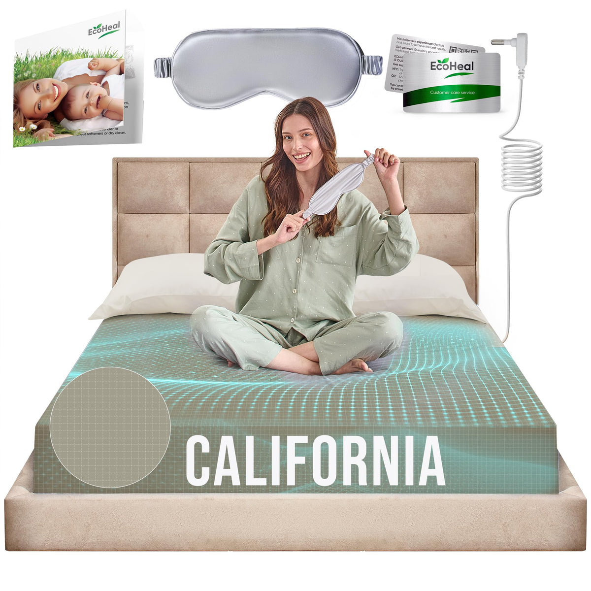 Earth Grounding Fitted Sheet California Size With 12% Silver Fiber & 4% Silk & 84% Organic Cotton - Green - Soft Earth Grounding