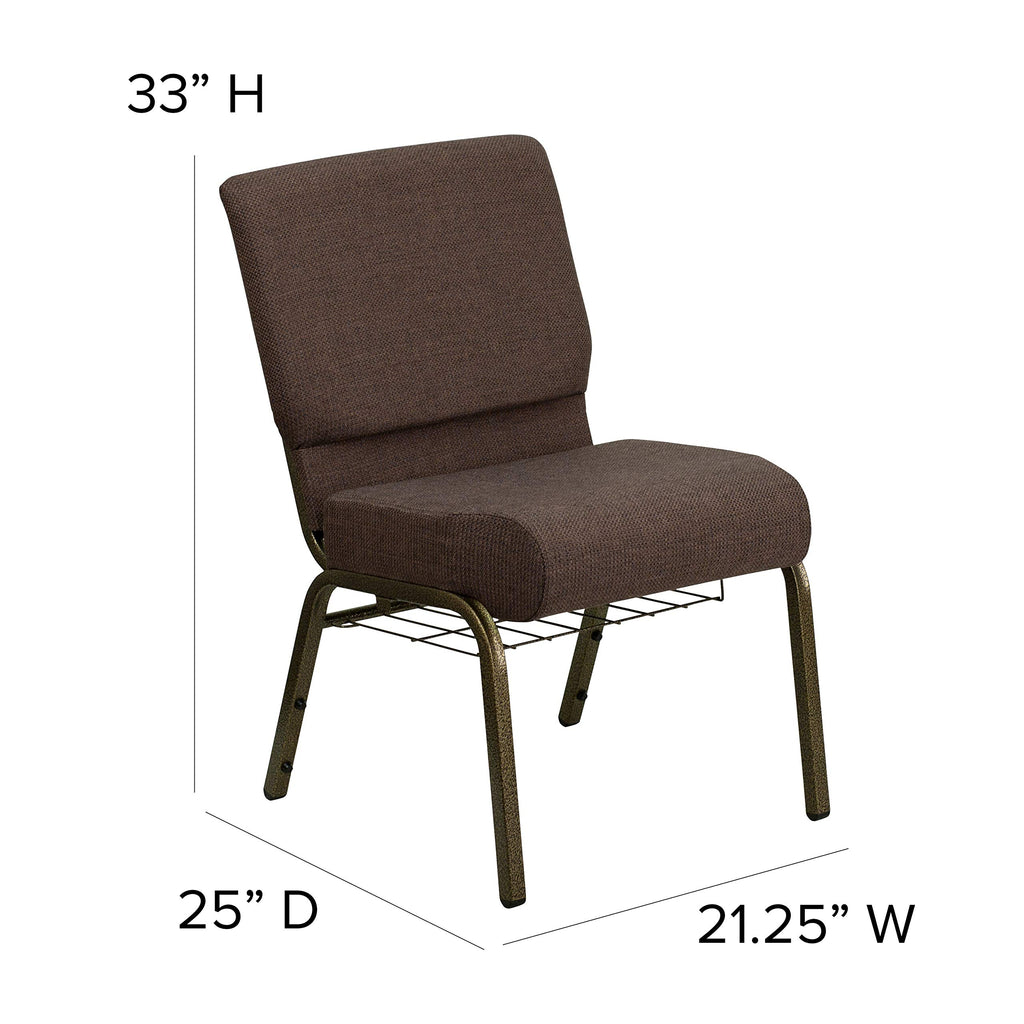 Flash Furniture Hercules Series 21''W Church Chair In Brown Fabric With Cup Book Rack - Gold Vein Frame
