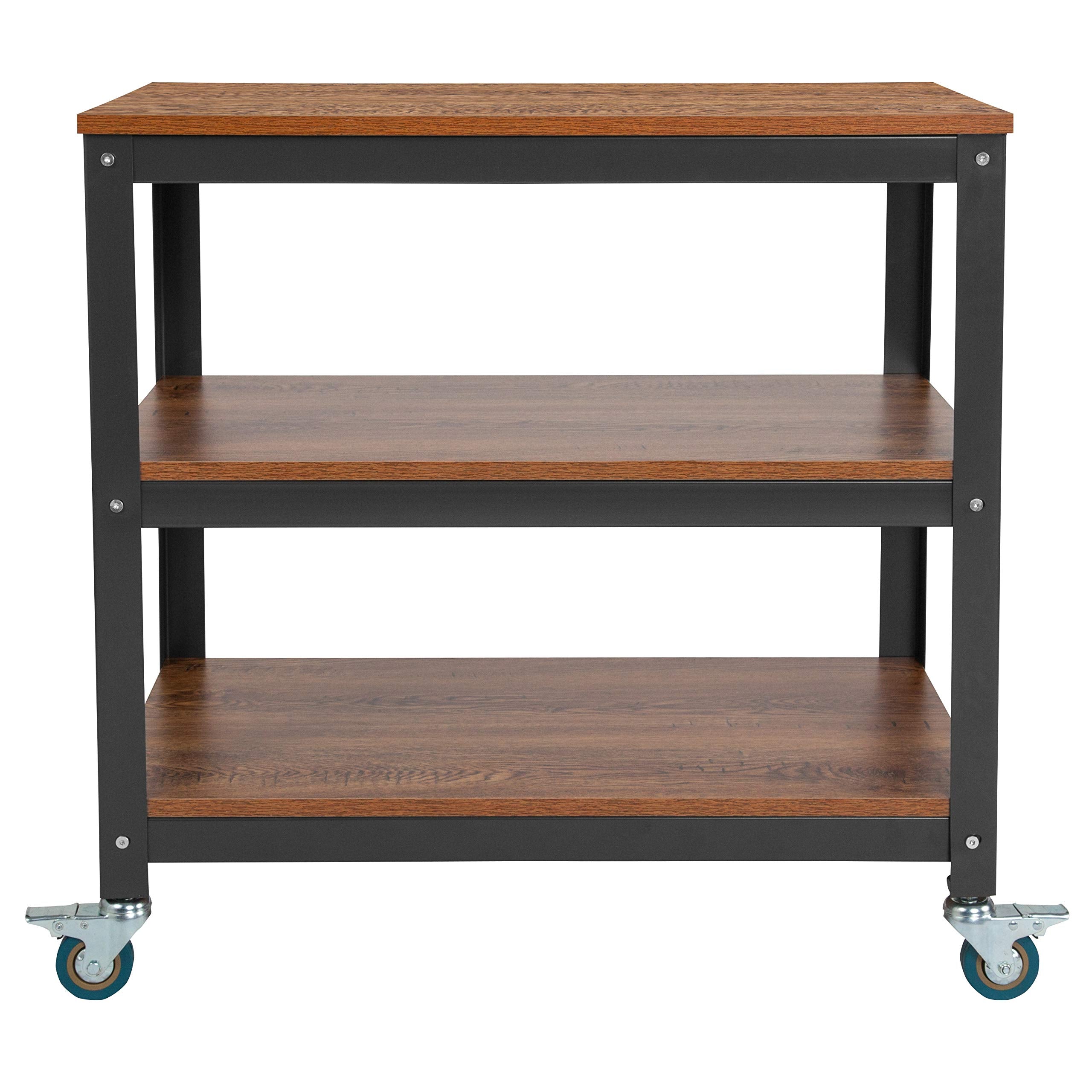 Flash Furniture Livingston Collection 30'W Rolling Storage Cart With Metal Wheels In Brown Oak Wood Grain Finish