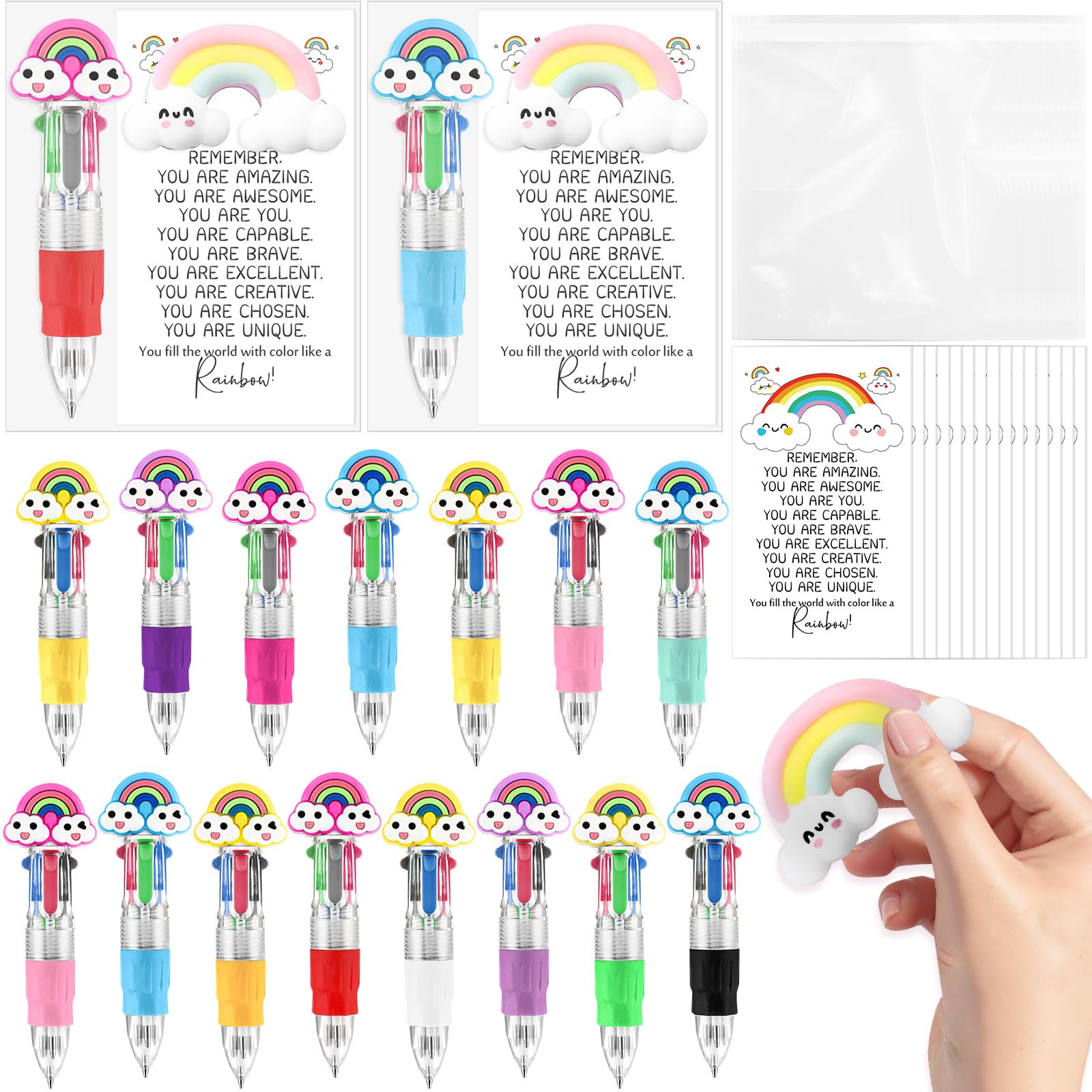TaoBary 15 Sets Rainbow Motivational Support 4-in-1 Multicolor Ballpoint Pen Squeeze Mini Stress Balls Gift Bulk with Inspiratio