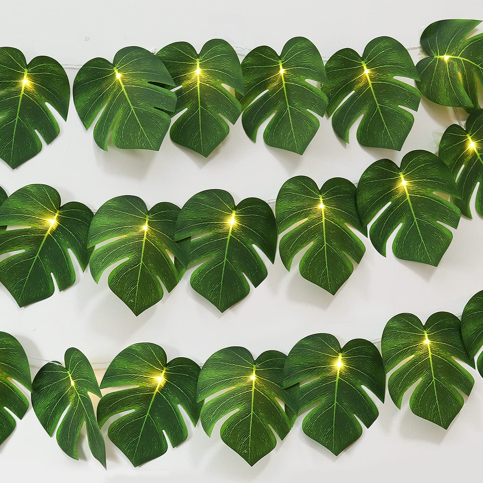 Artificial Tropical Palm Leaves String Lights, Large Size 20 LED Monstera Leaves Wall Hanging Vine Leaf, Summer Decoration Outdo