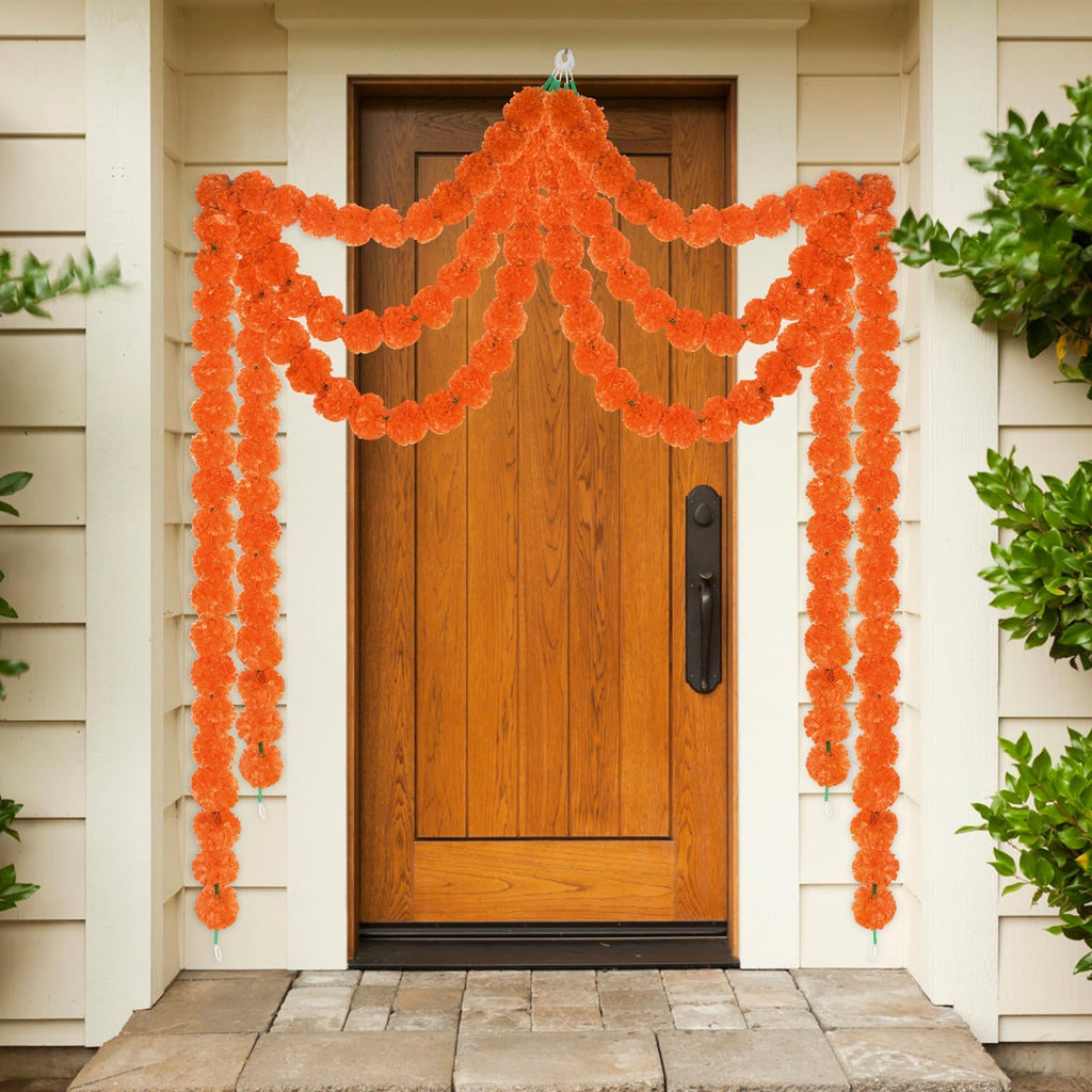 5Pcs Marigold Garland For Decoration, 5 Feet Artificial Marigold Flowers Diwali Decorations For Home, Orange Artificial Marigold