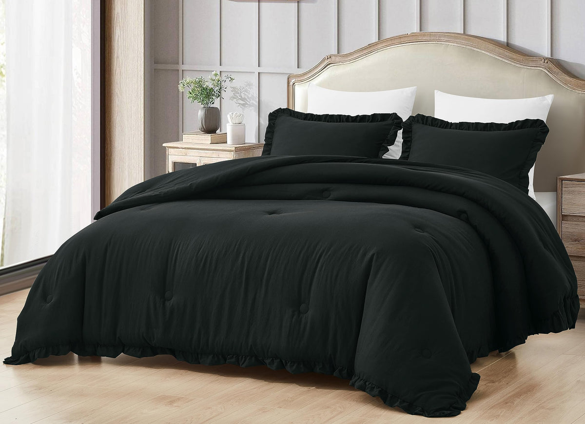 Chezmoi Collection Nora Black Comforter Set Oversized King Size 3-Piece Fluffy Soft Lightweight Bedding Ruffled Edge Trim Stone-