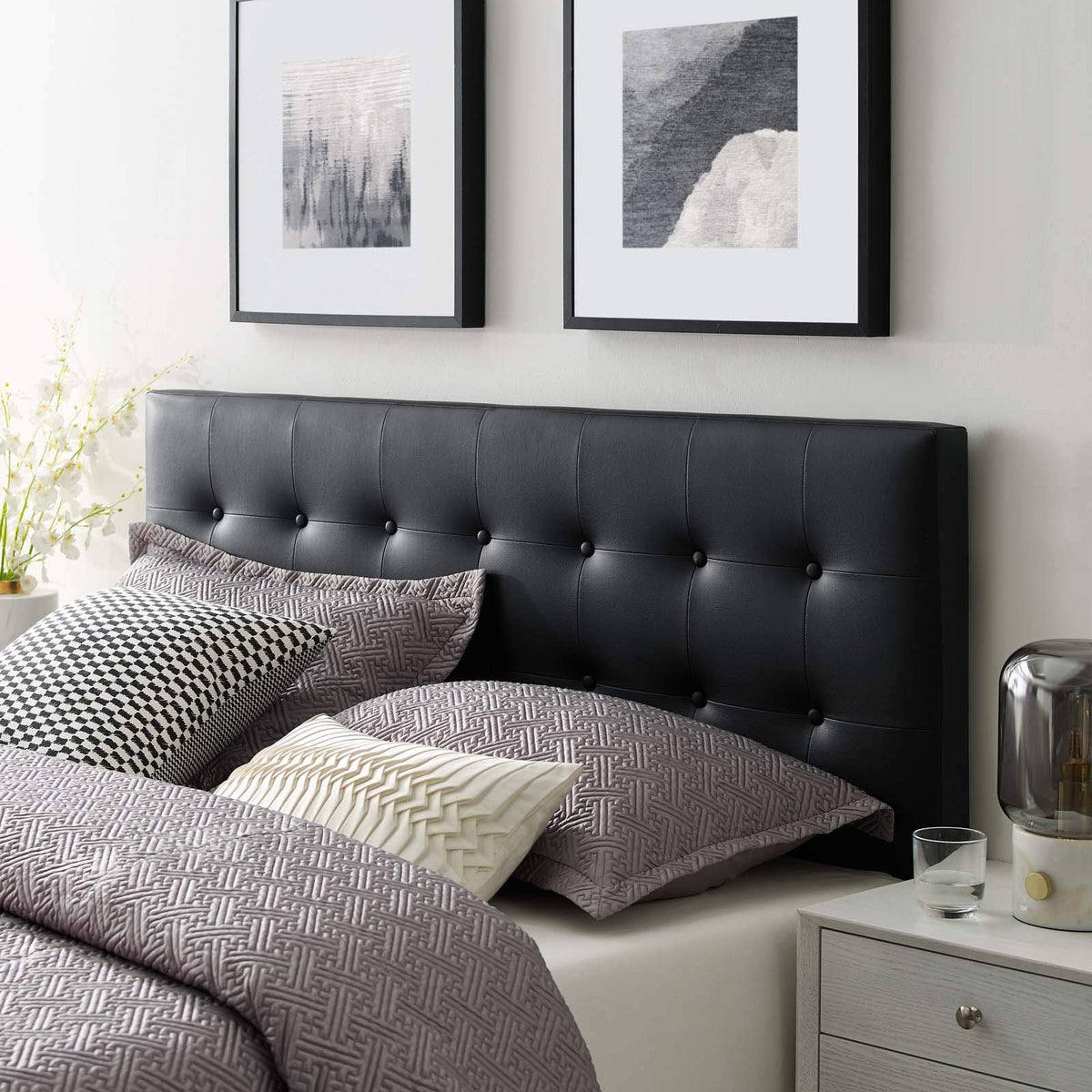 Modway Emily Button Tufted Faux Leather Upholstered Full Headboard in Black