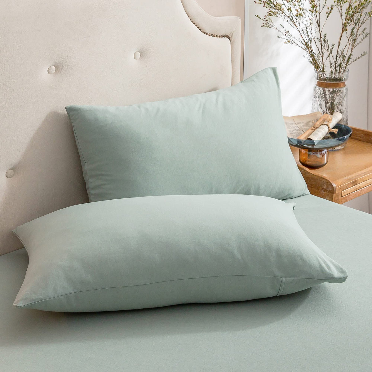 Pure Era Jersey Knit Pillowcases 100% T-Shirt Cotton Super Soft Comfy Breathable, Set Of 2, Standard 20' X 26', Solid Sage Gre