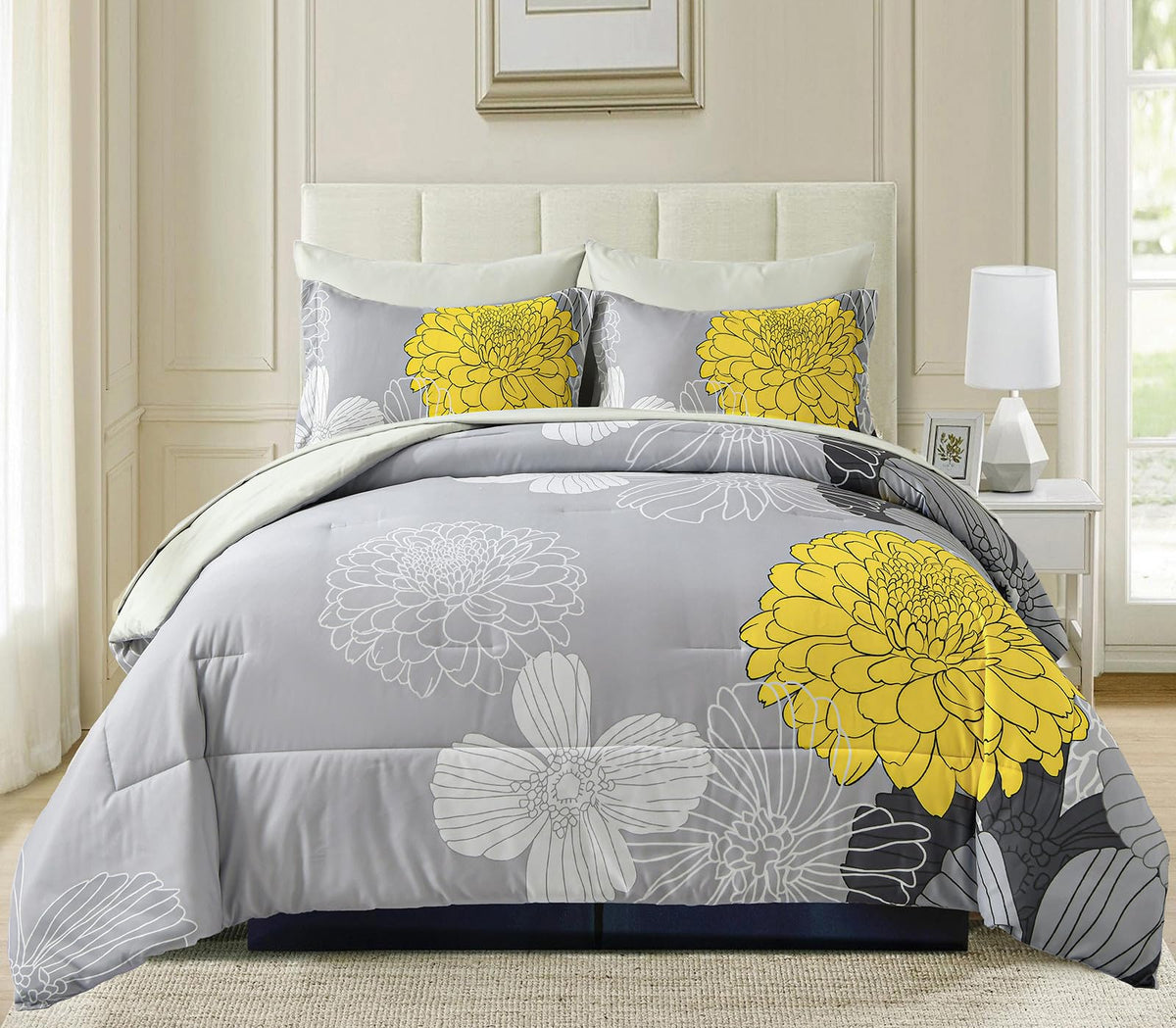 7 Pieces Bed In A Bag Comforter Set Yellow Floral Comforter Flowers Soft Microfiber Bedding Set King Size (1 Comforter 1 Flat Sh