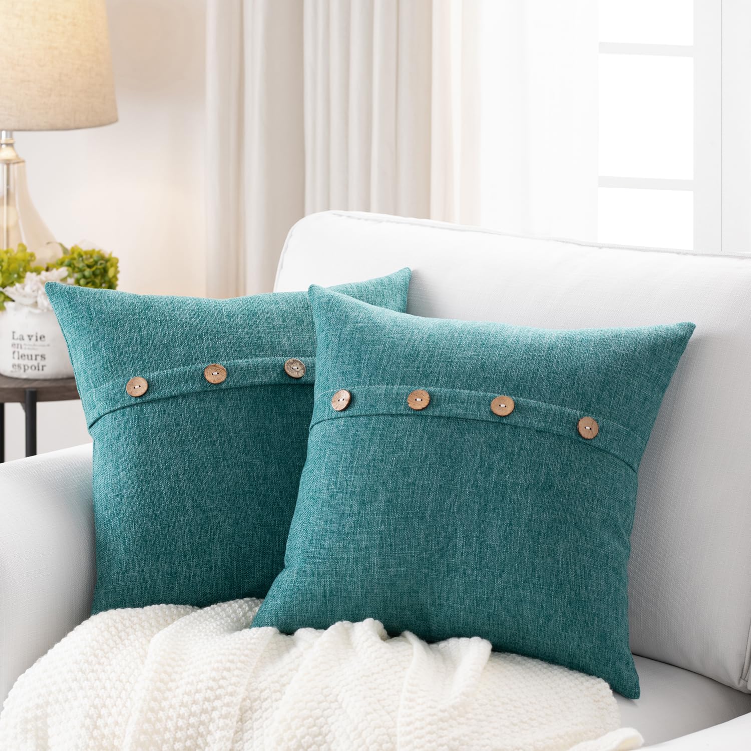 Meekio Set Of 2 Teal Blue Square Pillow Covers 16 X 16 Farmhouse Boho Pillow Covers With Coconut Buttons For Sofa Couch Living R