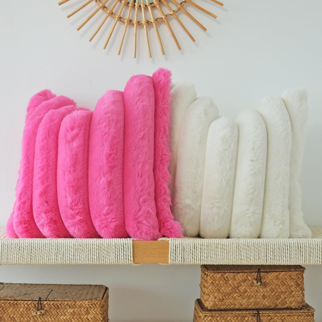 Jojusis Pack Of 2 Faux Fur Plush Decorative Throw Pillow Covers Couch Cushion Case Soft Fluffy Pillowcases Wide Stripe (Hot Pink