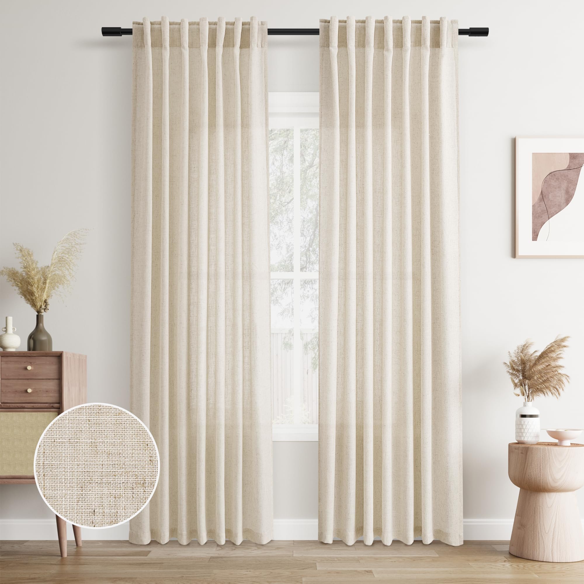 Joywell Linen Back Tab Linen Curtains 78 Inches Long 2 Panels For Living Room Bedroom Neutral Boho Farmhouse Rustic Light Filtering Semi Sheer Curtains Window Treatment 52X78