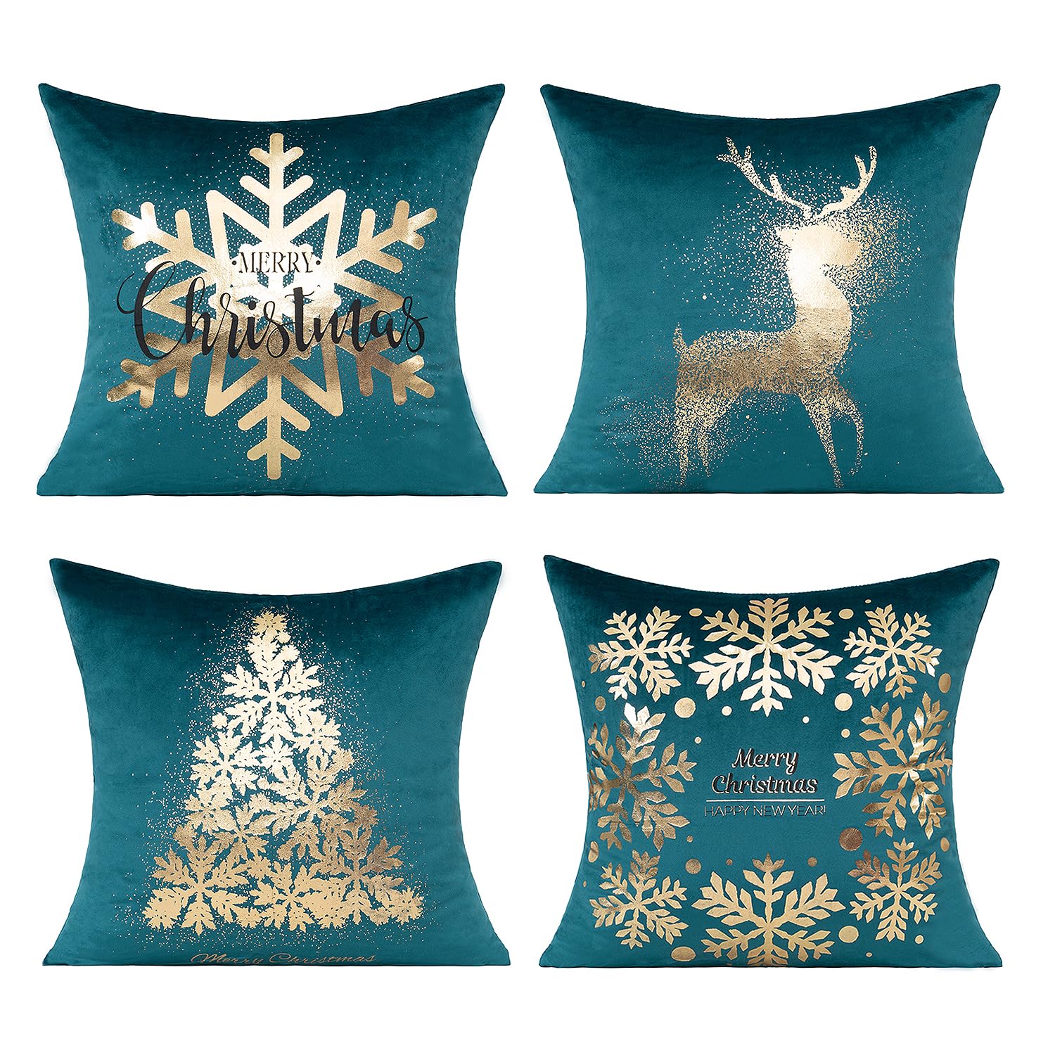 All Smiles Teal Gold Christmas Decorations Throw Pillow Covers Cases 18X18 Set Of 4 Turquoise Xmas Indoor Home D  Cor Ornaments
