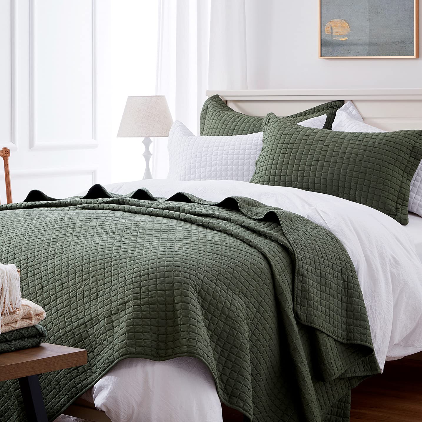 Sunstyle Home Quilt Set Queen Olive Green Lightweight Bedspread Full Soft Reversible Coverlet For All Season 3Pcs Army Green Squ