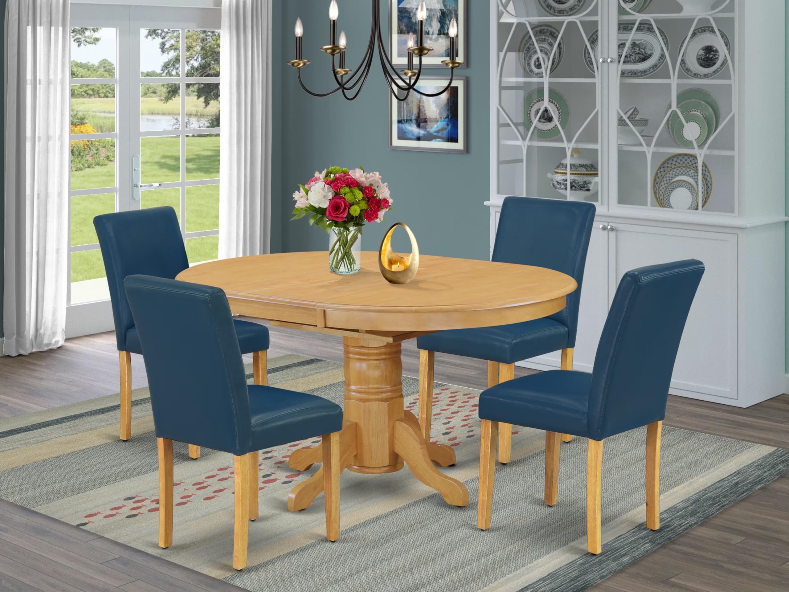 East West Furniture Avab5-Oak-55 5 Piece Dining Set Includes An Oval Dining Room Table With Butterfly Leaf And 4 Oasis Blue Faux Leather Upholstered Parson Chairs, 42X60 Inch, Oak
