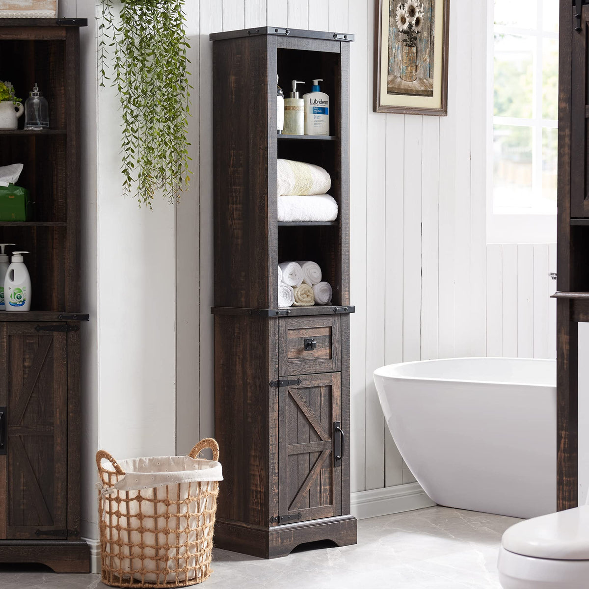 Okd Farmhouse Storage Cabinet With Adjustable Shelves & Storage Drawer, Tall Linen Tower For Bathroom & Living Room, Dark Rustic Oak