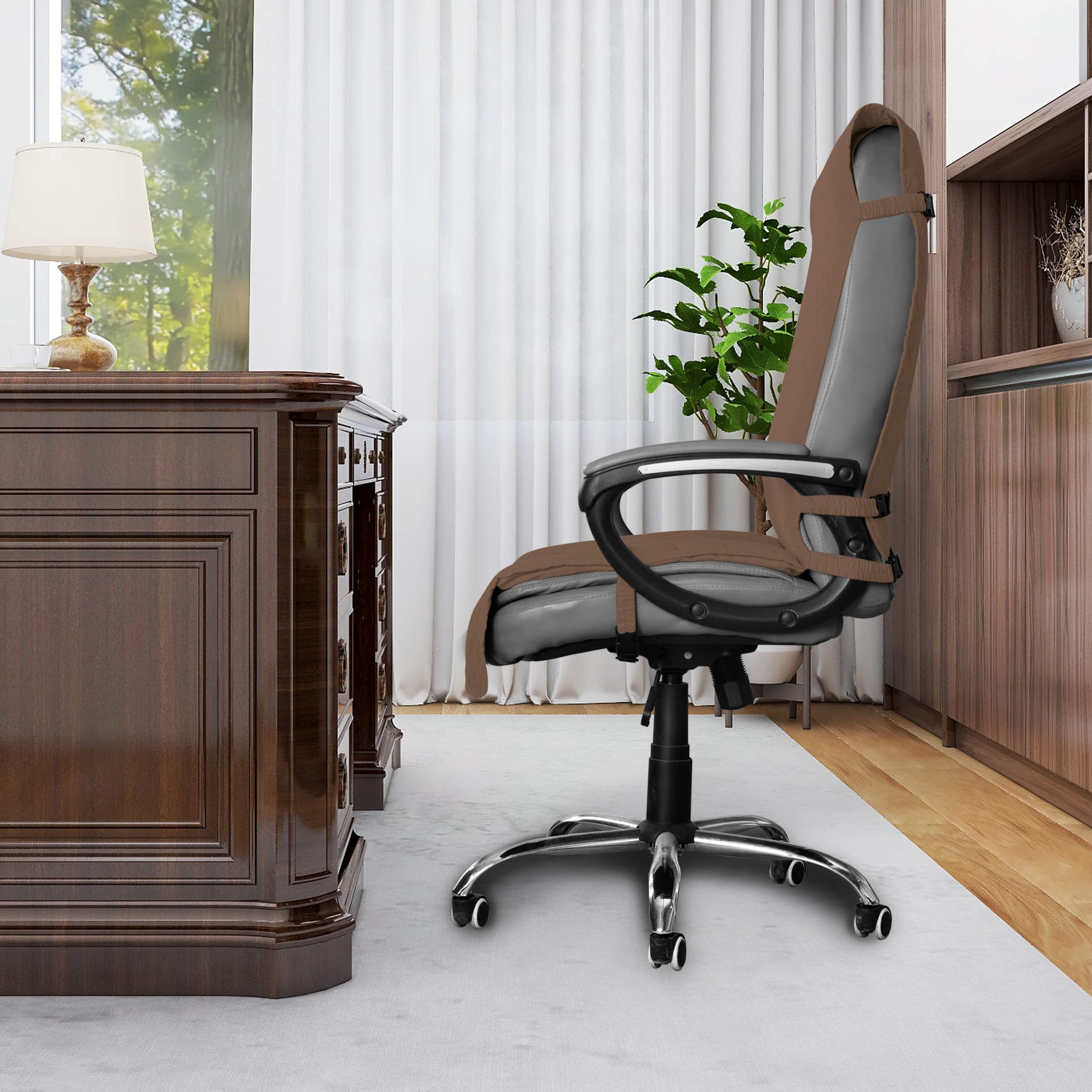 Easy-Going Quilted Microfiber Office Chair Cover With Soft Memory Foam Seat Cushion Water Resistant Desk Computer Chair Slipcover Anti-Slip Chair Protector (Medium, Brown)