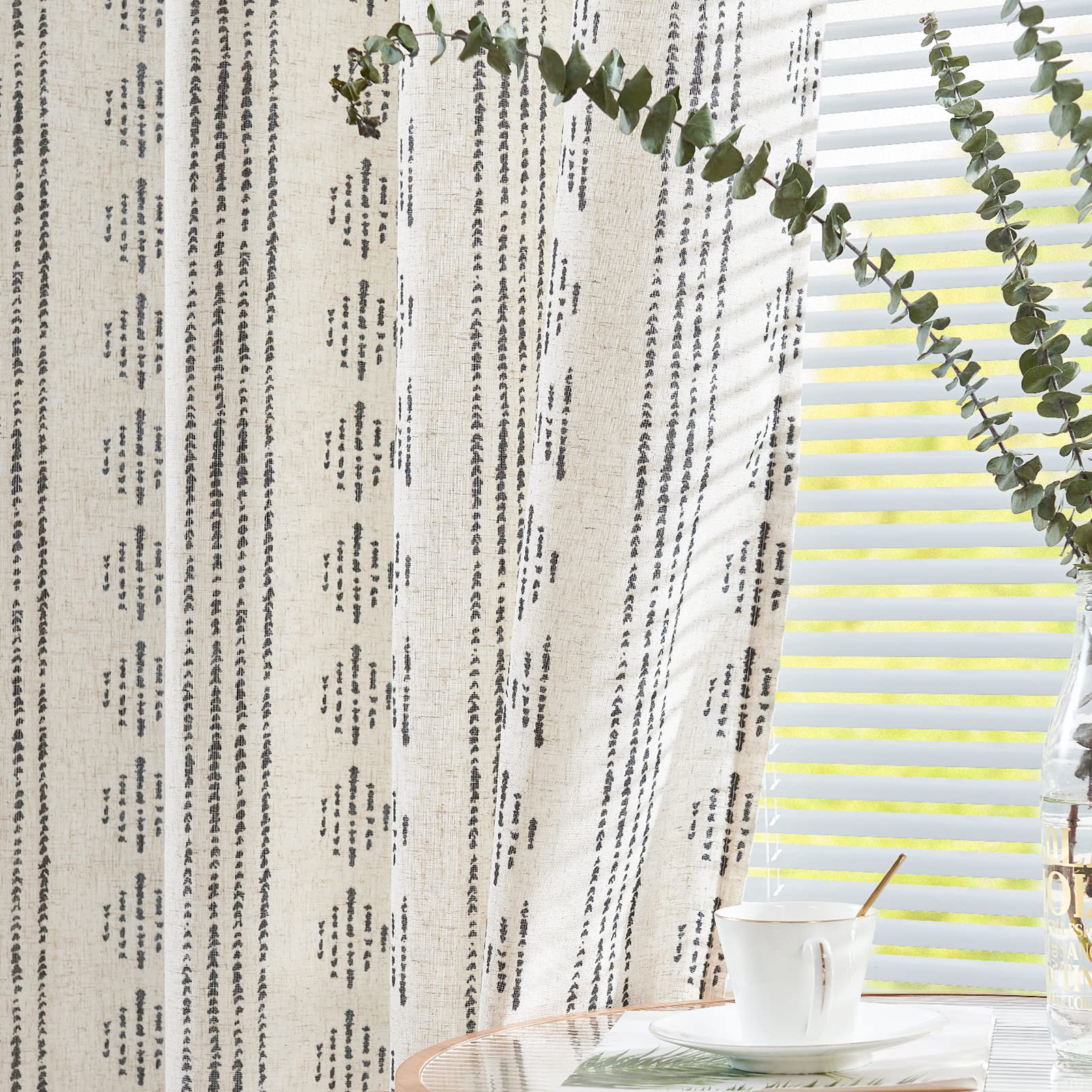 Jinchan Boho Curtains Linen Curtains For Living Room Black Farmhouse Curtains 108 Inch Length Geometric Striped Mudcloth Grommet Country Curtains 2 Panels Black On Beige