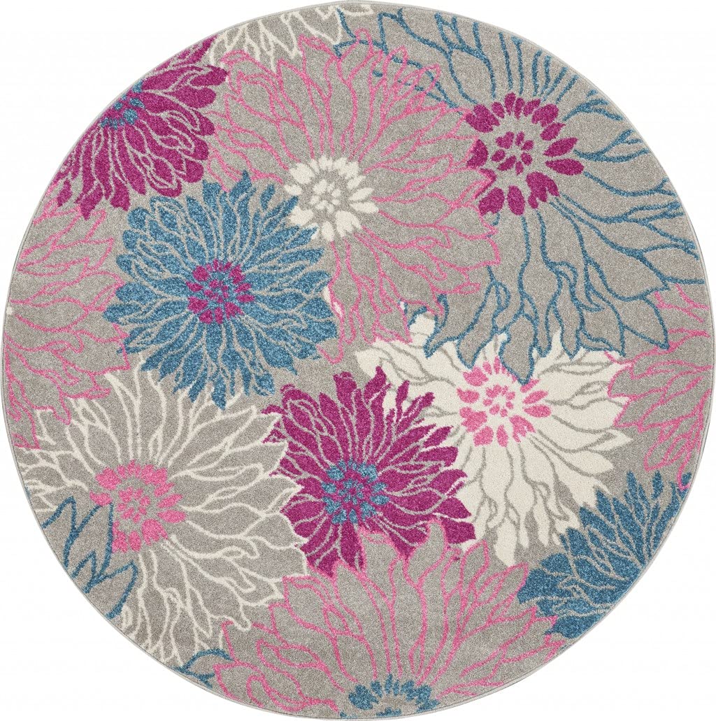 HomeRoots Grey 100% Polypropylene 5’ Round Gray and Pink Tropical Flower Area Rug