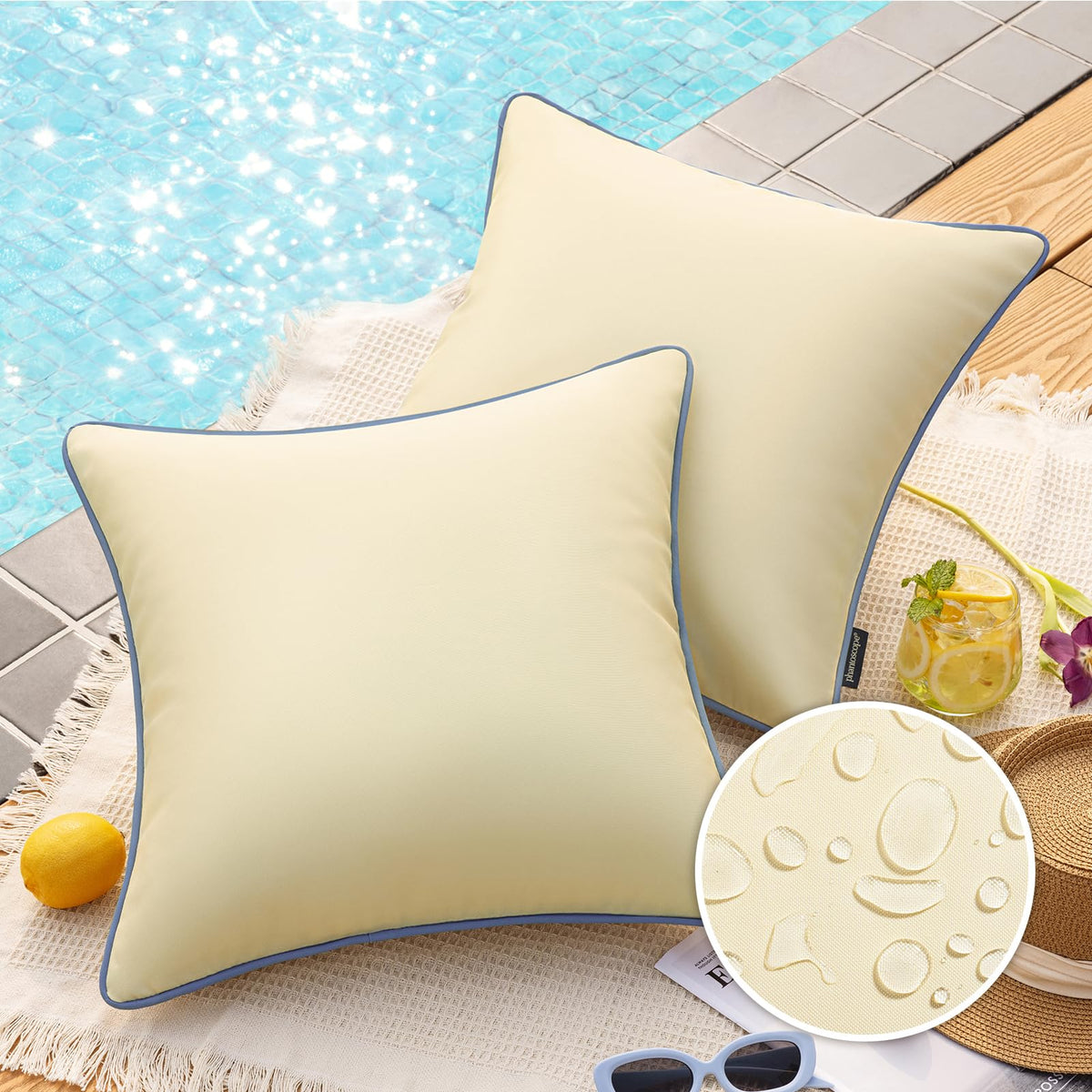 Phantoscope Pack Of 2 Outdoor Waterproof Throw Pillow Covers With Contrast Piping, Decorative Square Cushion Case Patio Pillows