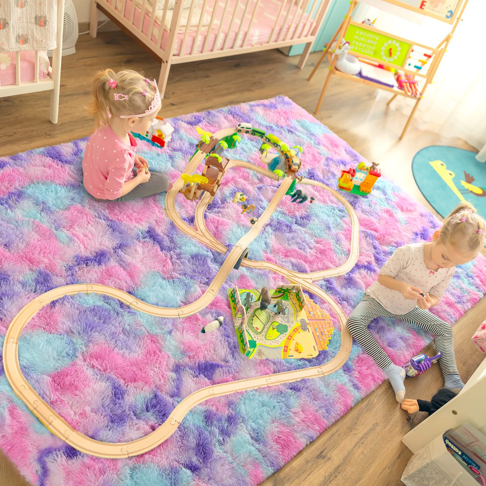 Lochas Luxury Fluffy Rainbow Area Rug For Girls Bedroom 4X6, Soft Fuzzy Kids Rugs For Bedroom Boys Playroom, Cute Colorful Tie D