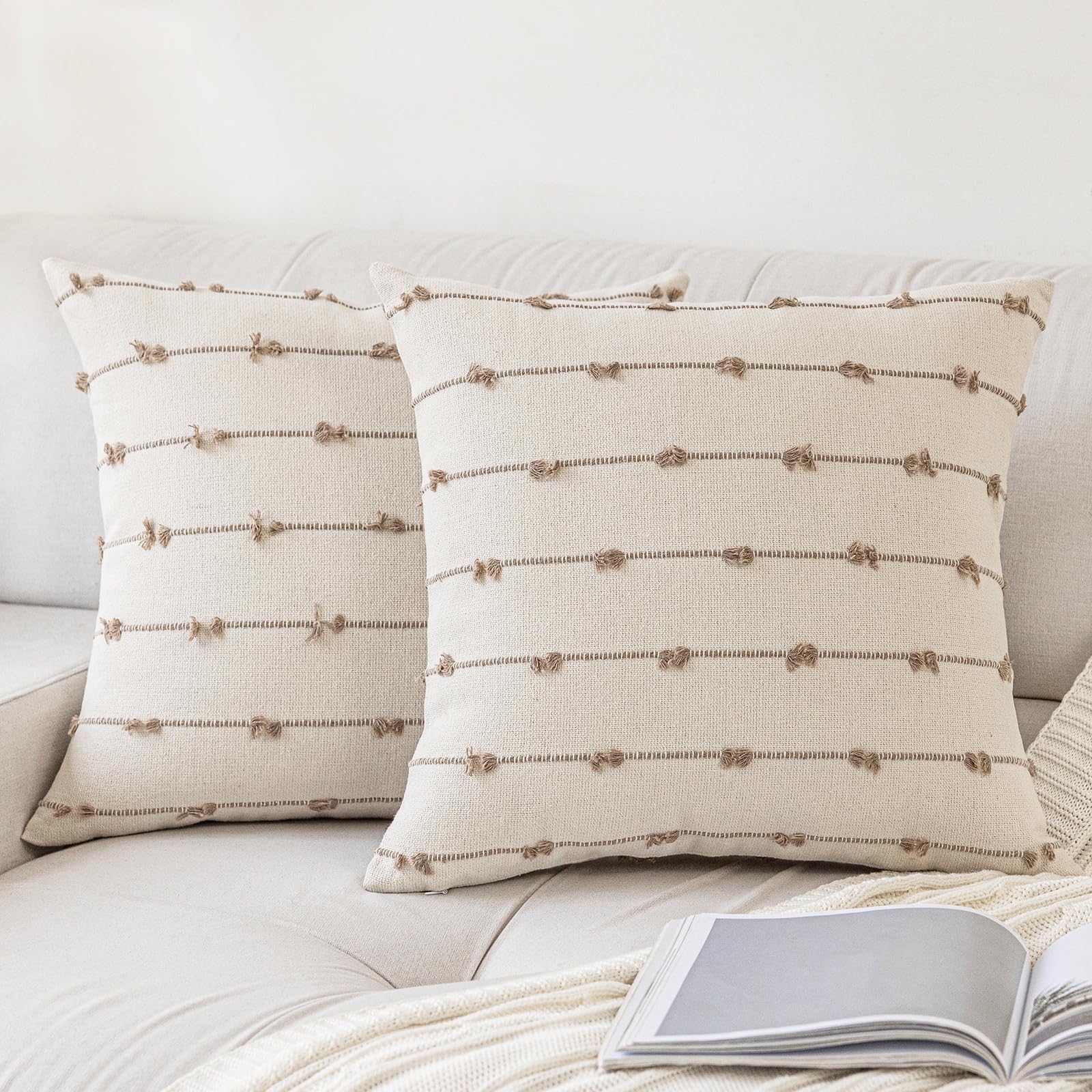 Yeenaasy Boho Throw Pillow Covers 16X16 Set Of 2 Modern Farmhouse Decorative Cushion Case Tufted Square Pillows Cover Neutral Pi