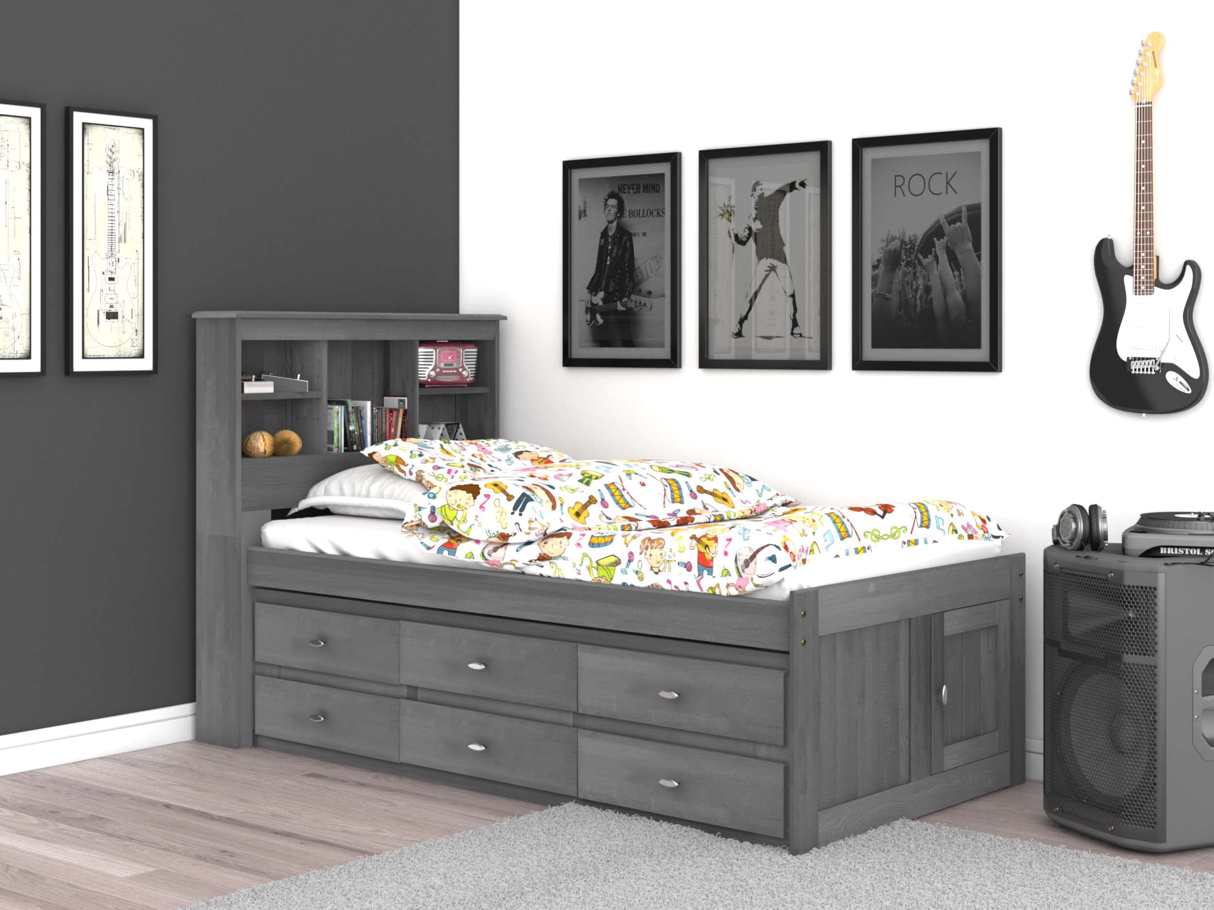 OS Home and Office Furniture Solid Pine Twin Captains Bookcase Bed with 12 underbed Drawers in Charcoal Gray